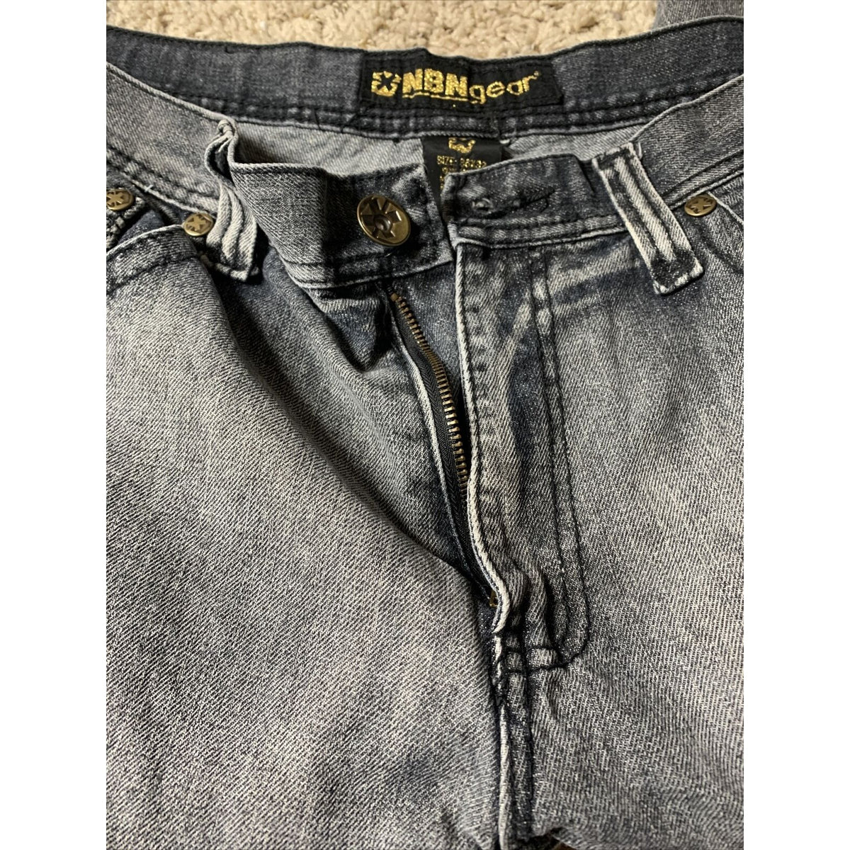 NBN Gear Baggy Loose Fit Black Jeans Men’s Size  36x32 Leather Patches Gold