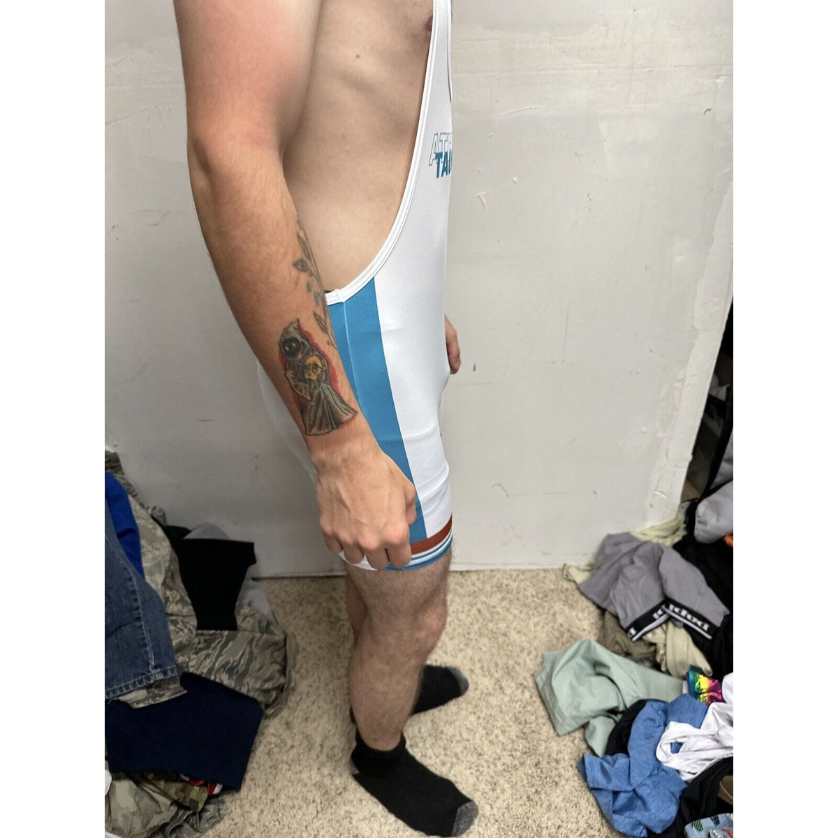 Men’s Tauwell White And Aqua Wrestling Singlet Large