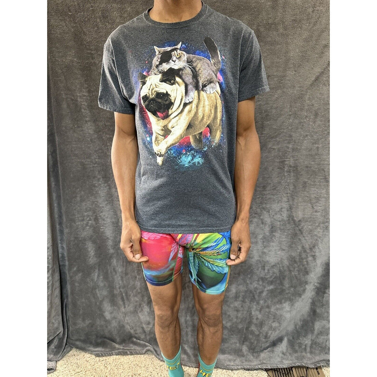 Men’s Gray Fifthsun Medium Tshirt Pug And Pirate Cat In Space
