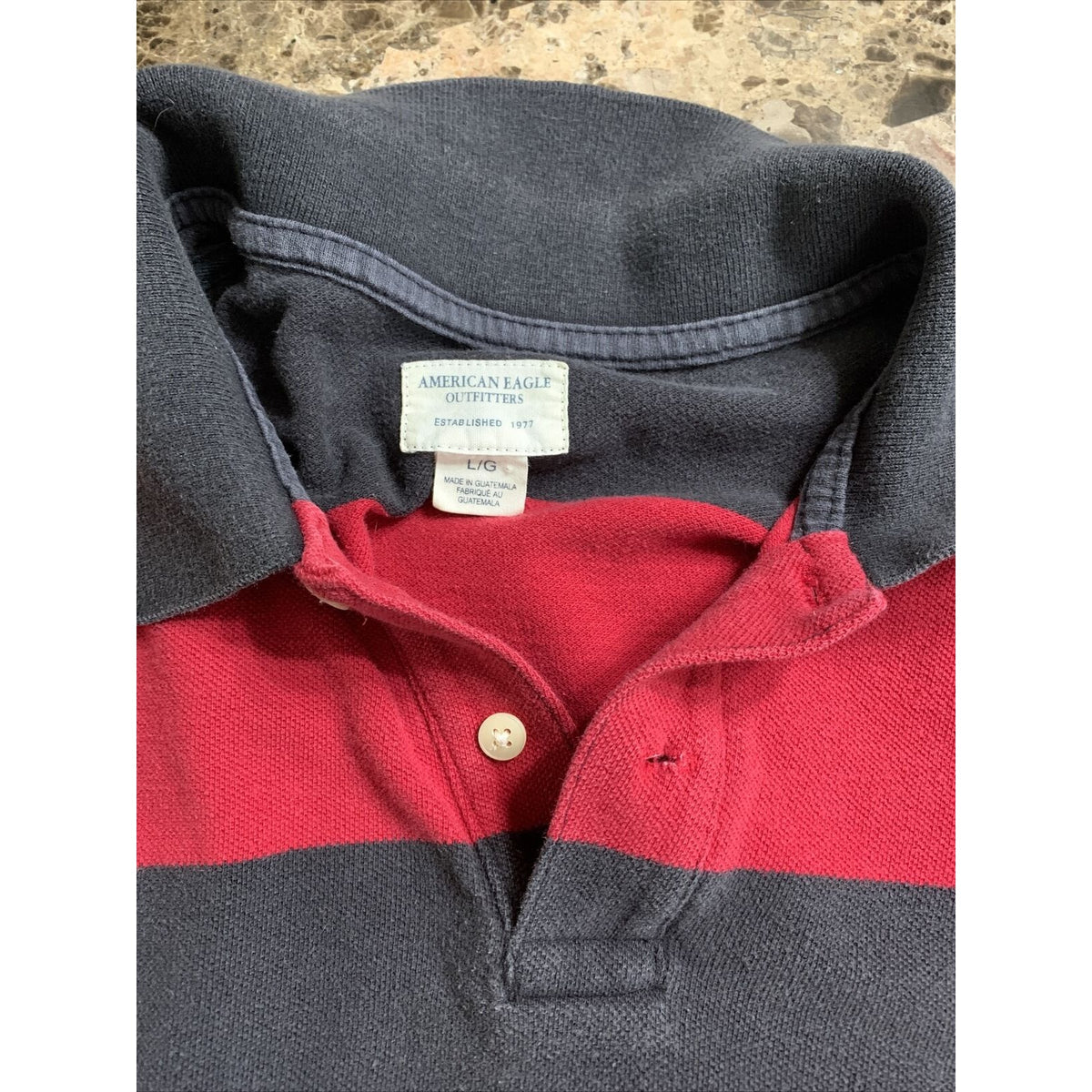 Mens American Eagle Logo Red & Black Striped  Polo Short Sleeve Shirt Large