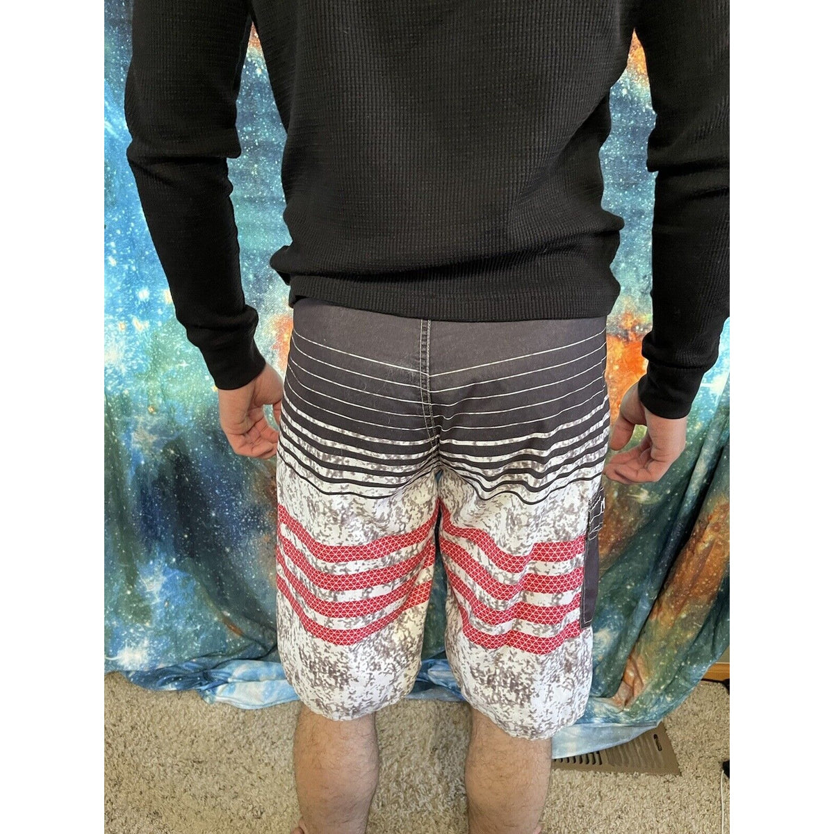 NONWE Mens Board Shorts Sz 30 Black Red Stripes Swim trunks