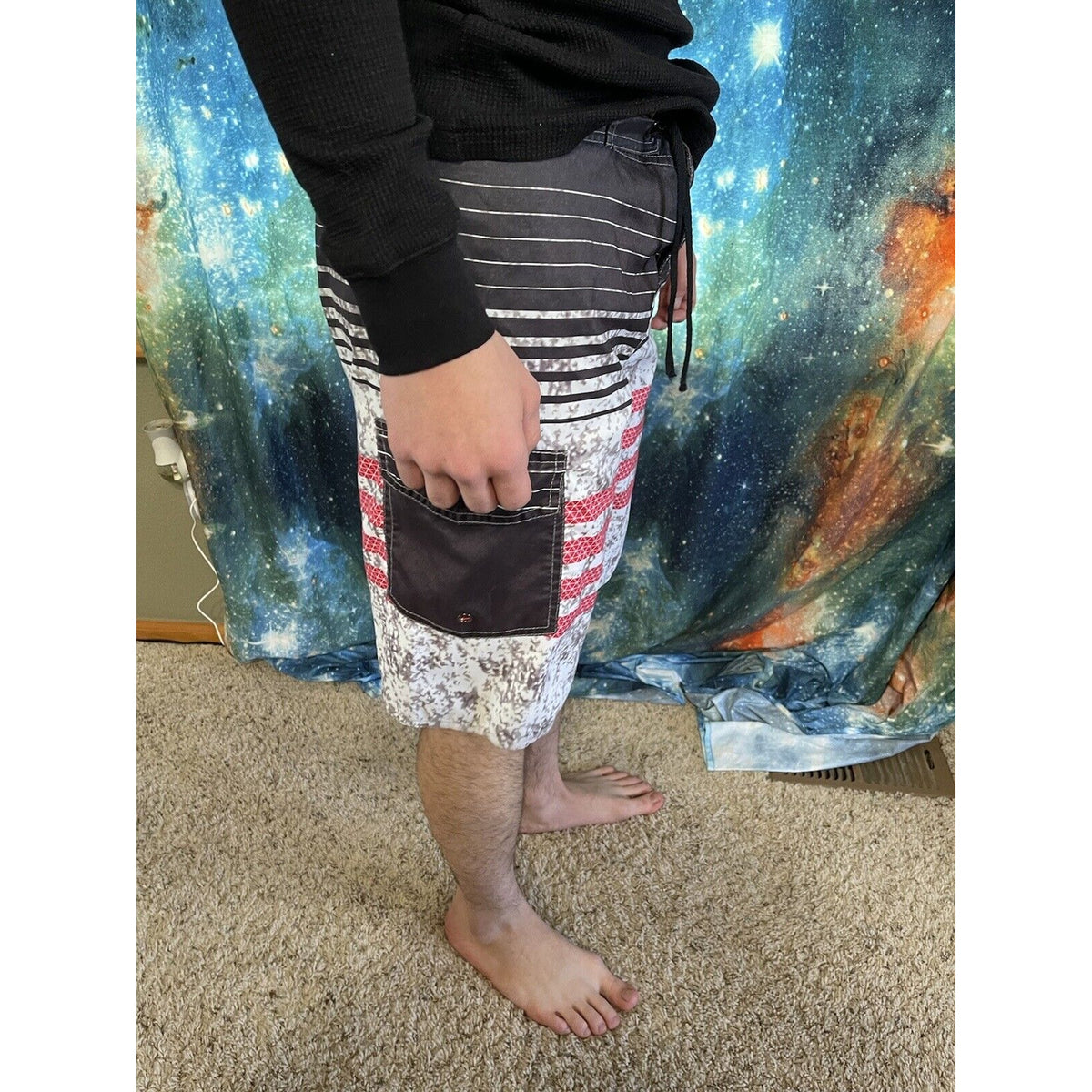 NONWE Mens Board Shorts Sz 30 Black Red Stripes Swim trunks