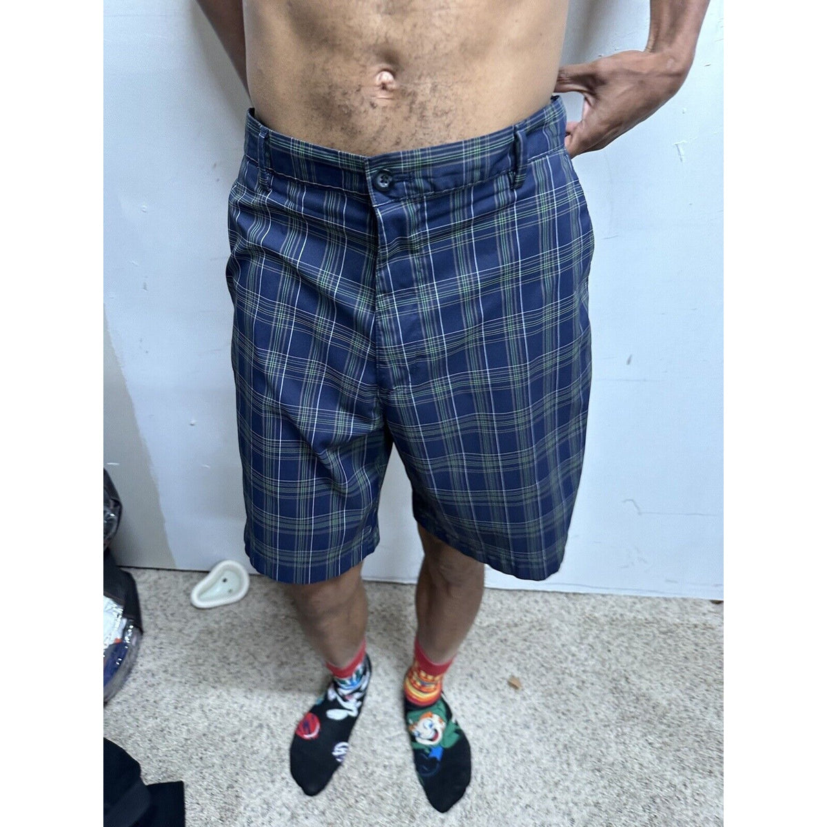 CHAPS Golf 78 Shorts Mens 36 Navy/Green/Grey Plaid Flat Front Stretch