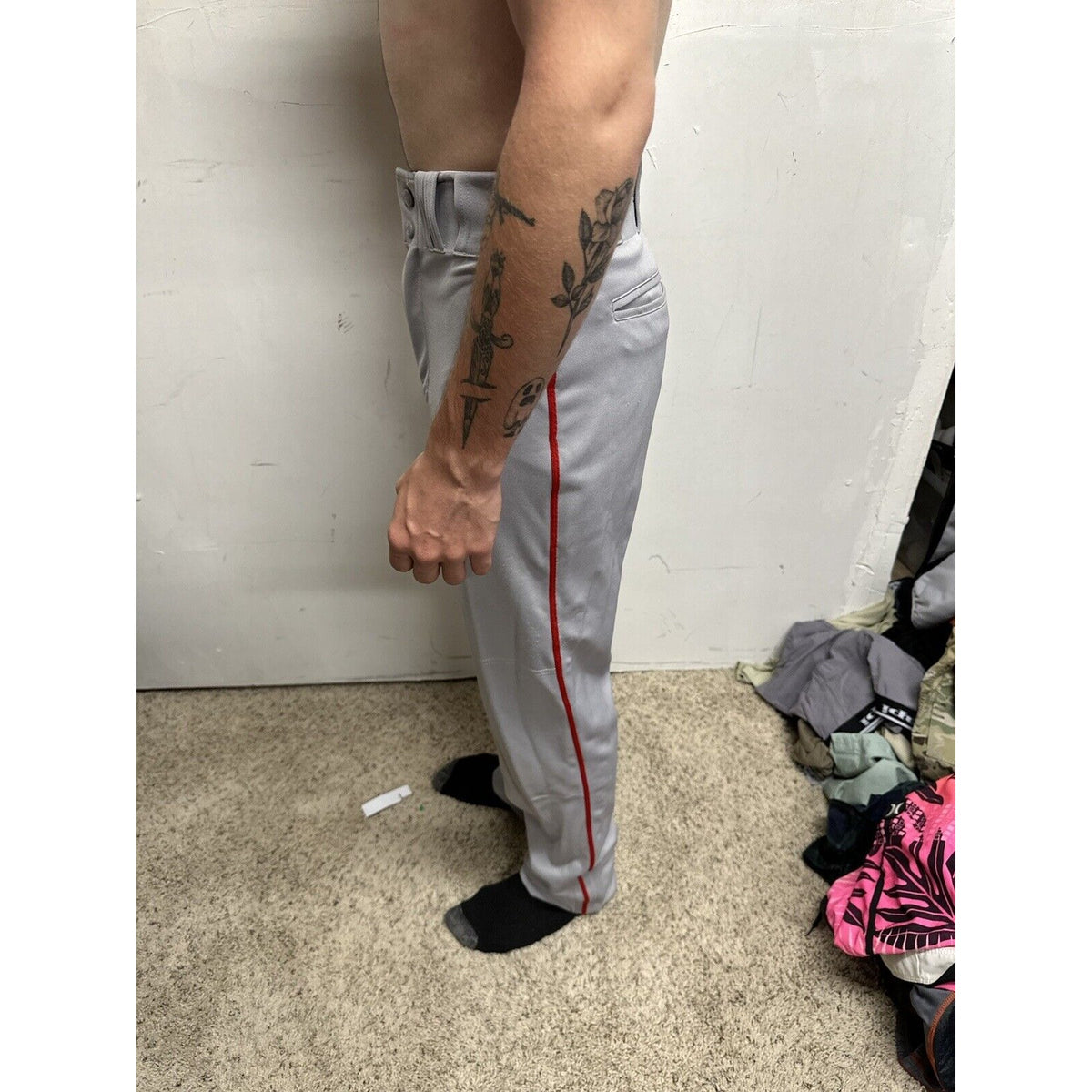 Men’s Chanmpro Adult Small Gray Baseball Pants Red Stripe
