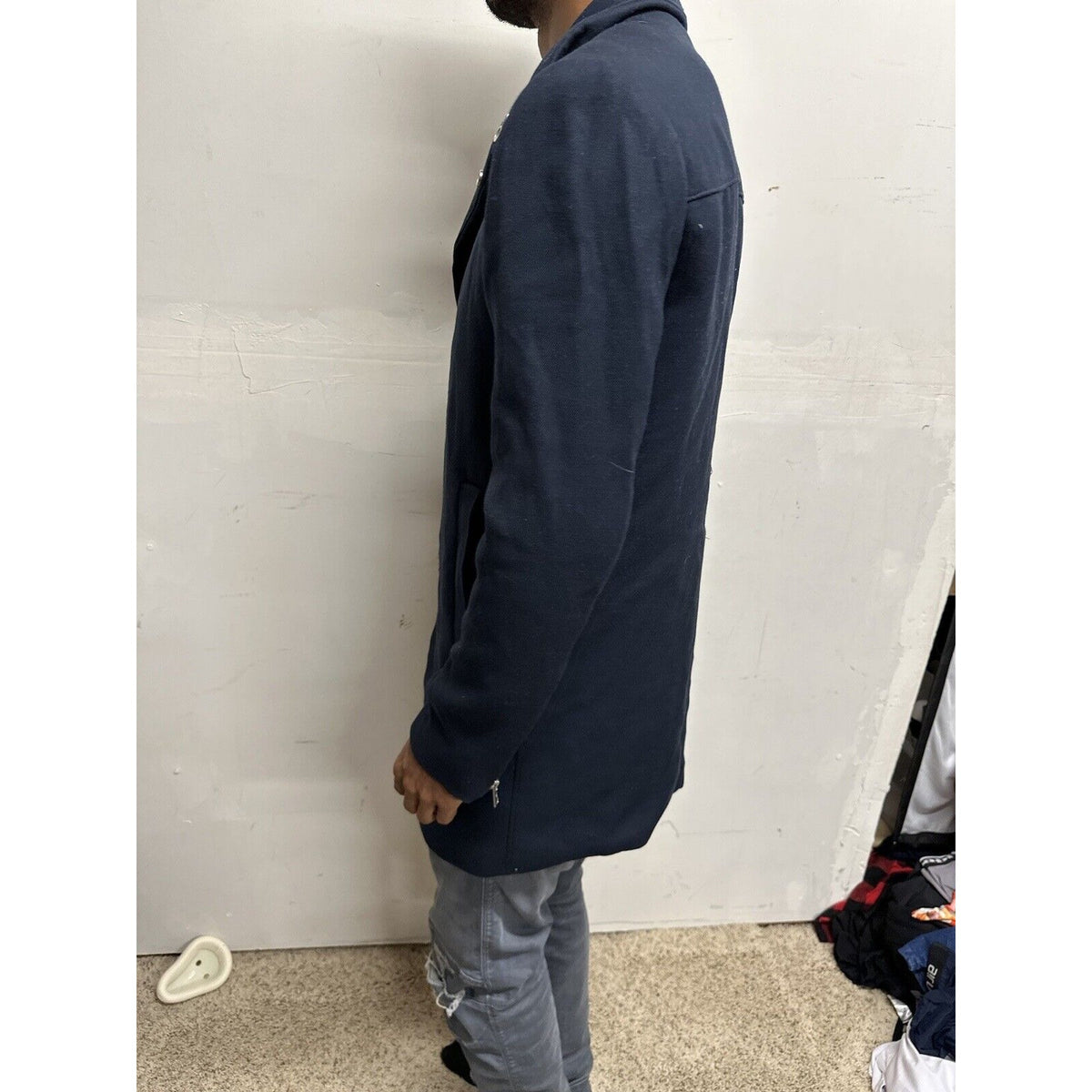 Men’s Dark Blue H&M 38R Zip Up And Snap Jacket Poly & Viscose