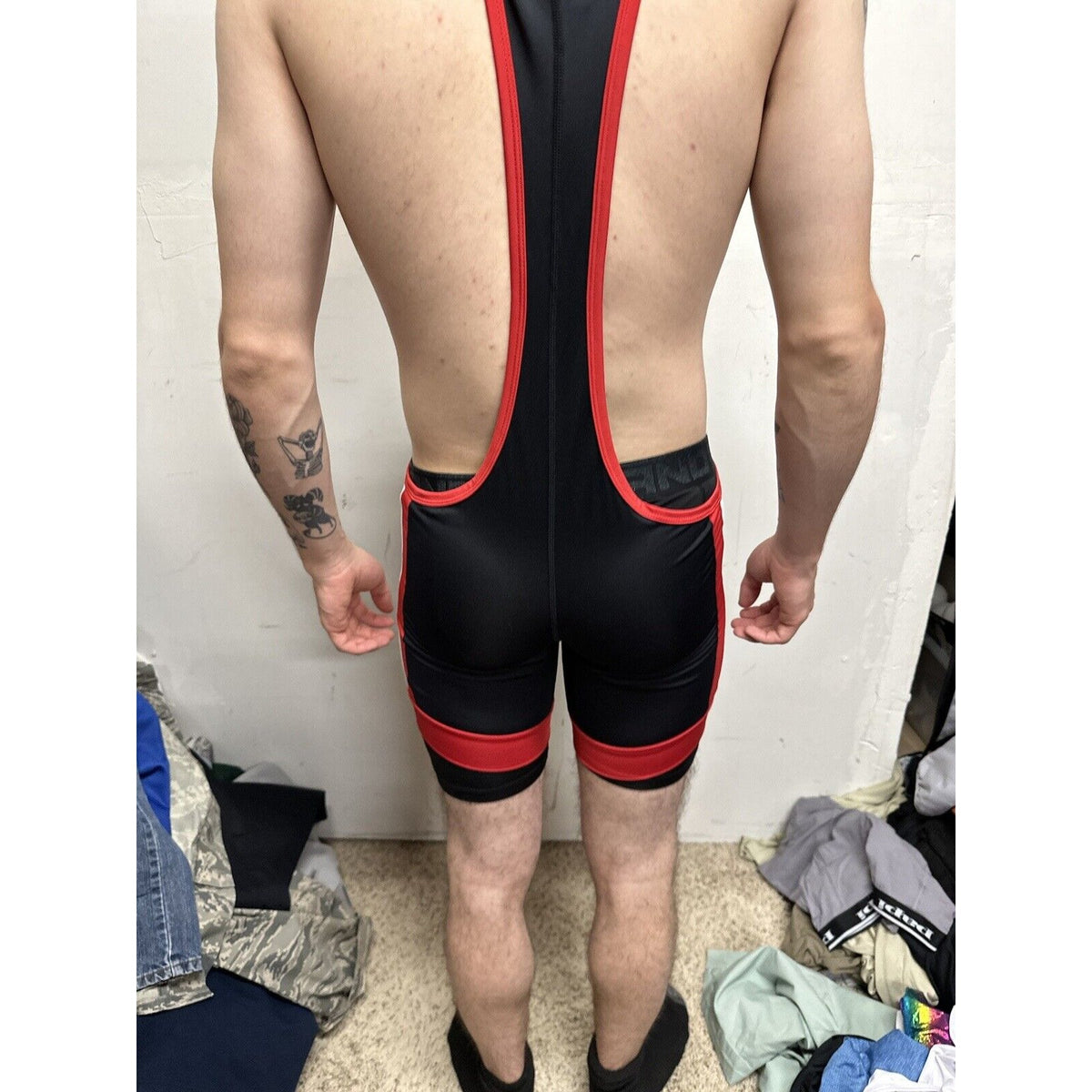 Men’s Tauwell Wrestling Singlet Black And Red With White Large