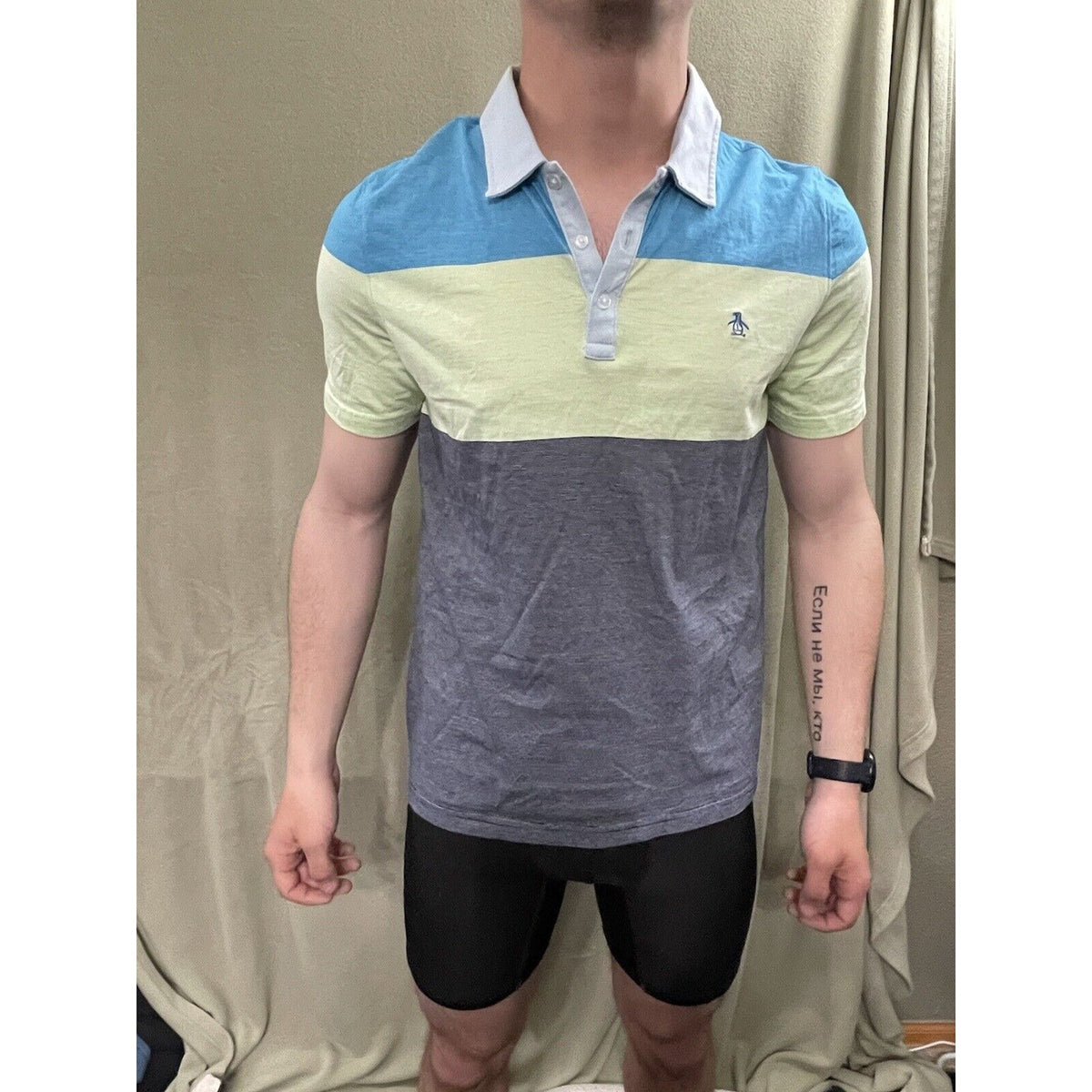 PENGUIN By Munsingwear 3 Button SS Polo Shirt Gree/Blue Large Heritage Slim Fit