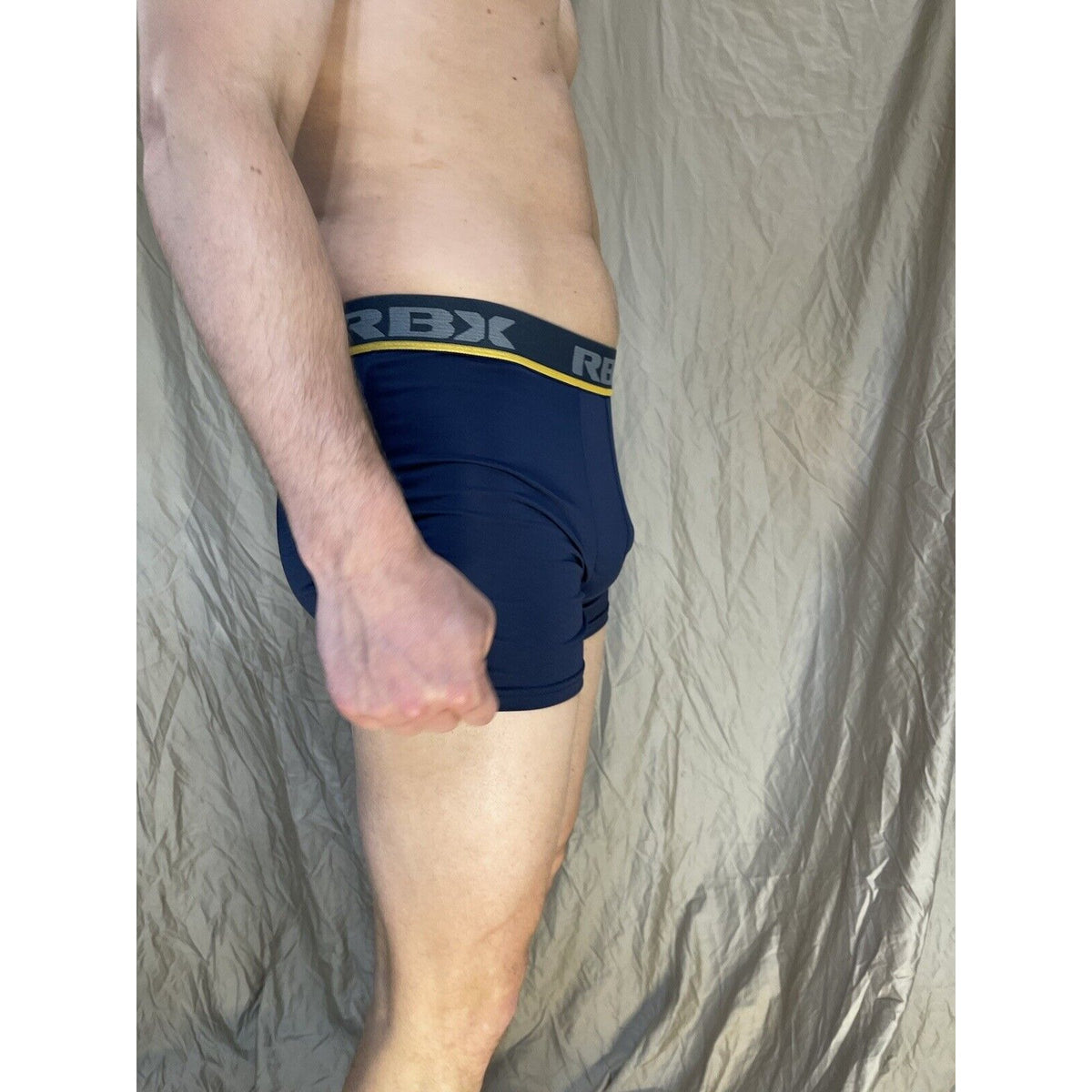 men's blue rbx compression boxer briefs yellow line on band Large