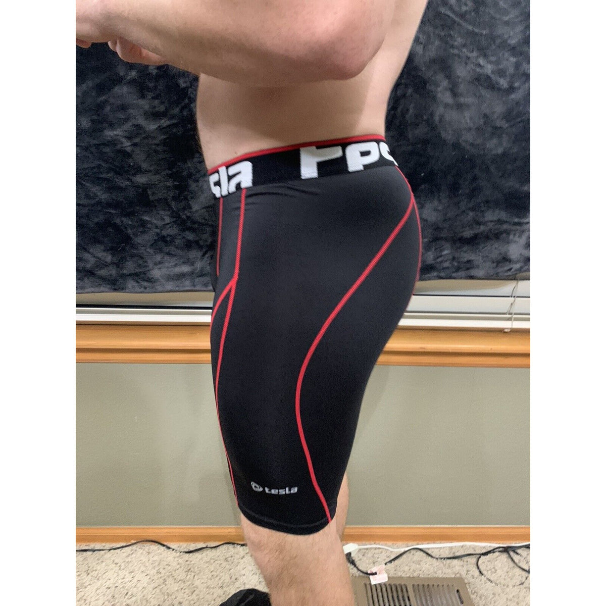 Men's Tesla Compression Running Cycling Performance Shorts Black Red XL
