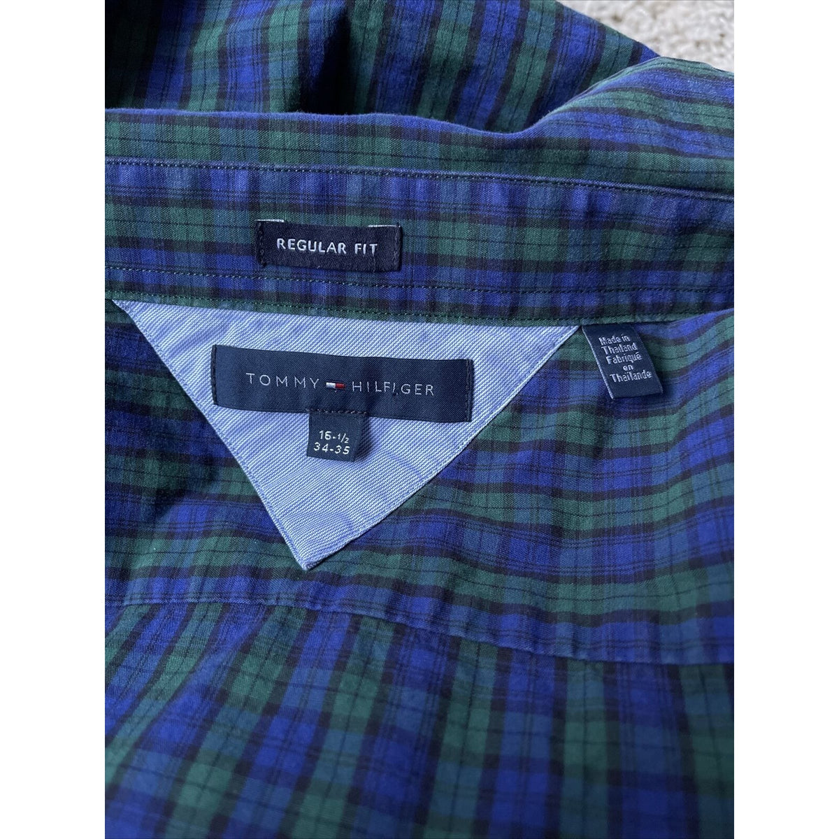 Men’s Tommy Hilfiger Button up plaid blue green regular fit 16.5 long sleeve