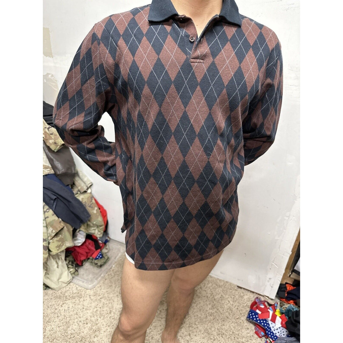 Men’s Vanheusen Medium Brick Red Black Long Sleeve Polo Shirt