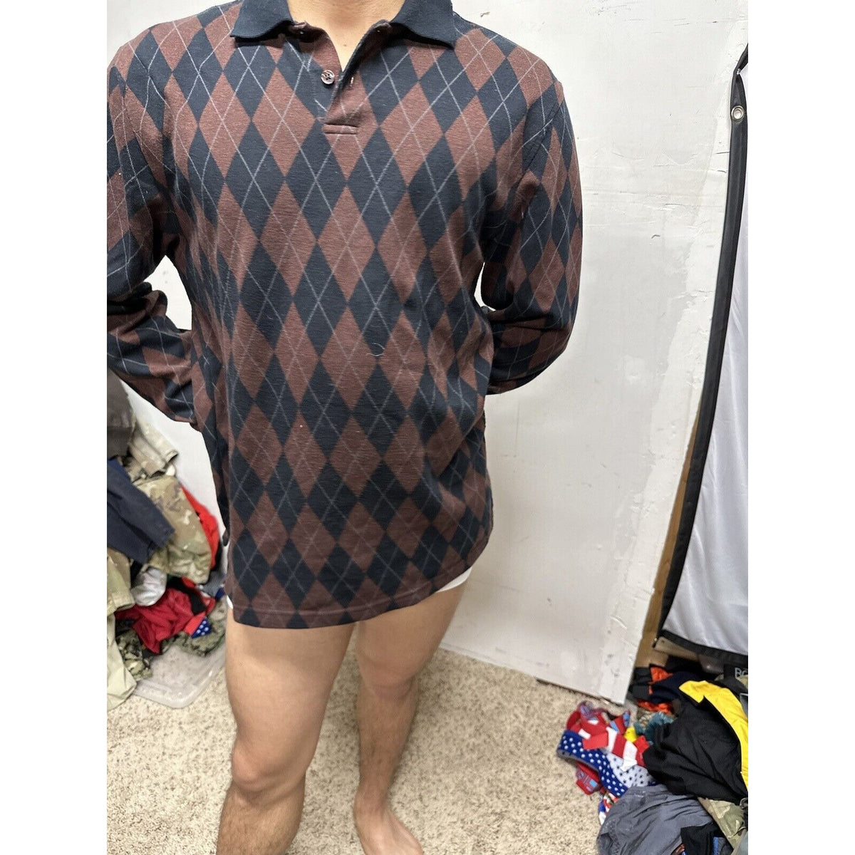 Men’s Vanheusen Medium Brick Red Black Long Sleeve Polo Shirt