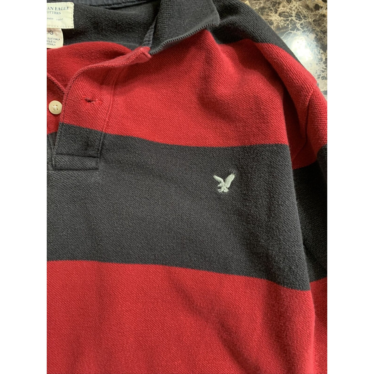 Mens American Eagle Logo Red & Black Striped  Polo Short Sleeve Shirt Large