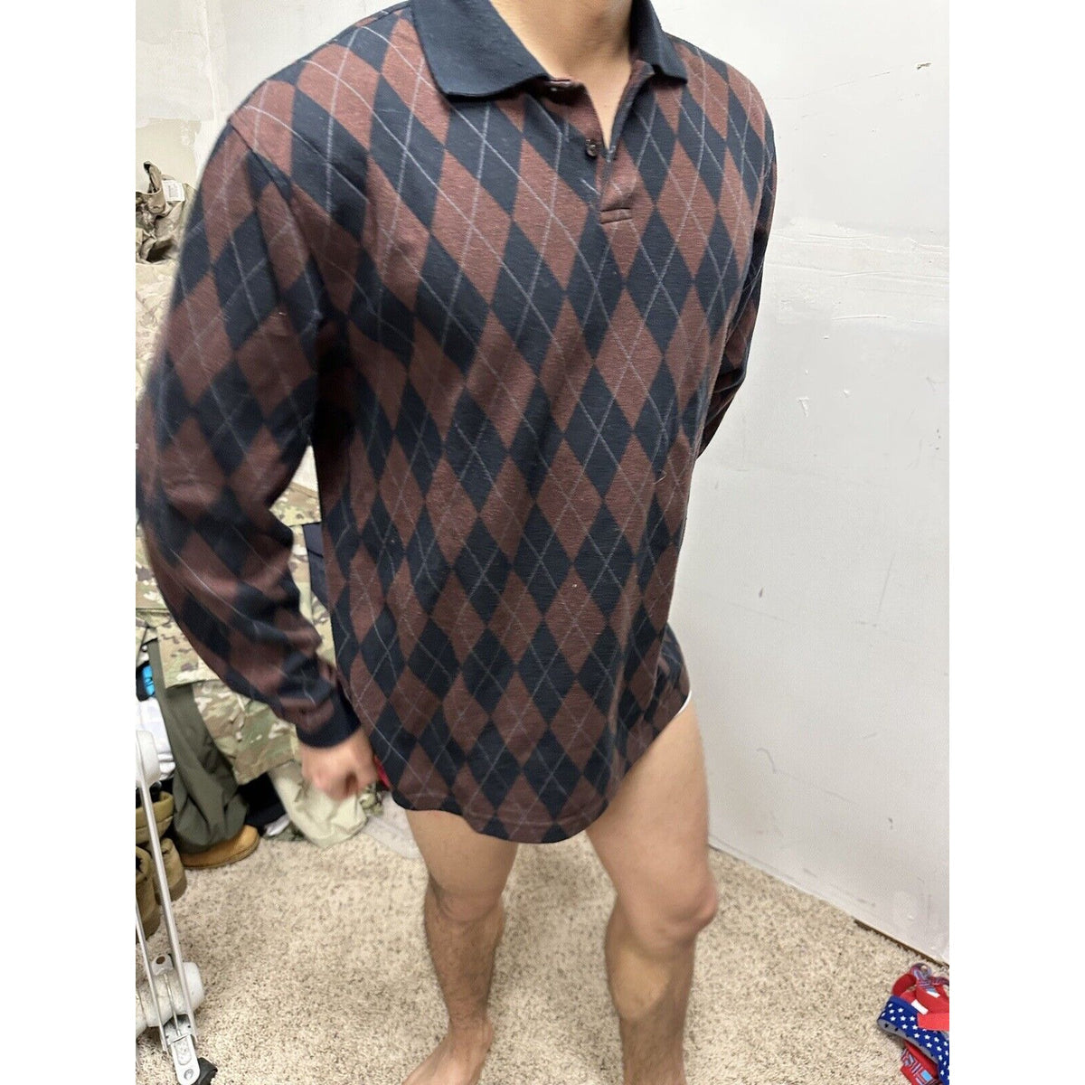 Men’s Vanheusen Medium Brick Red Black Long Sleeve Polo Shirt