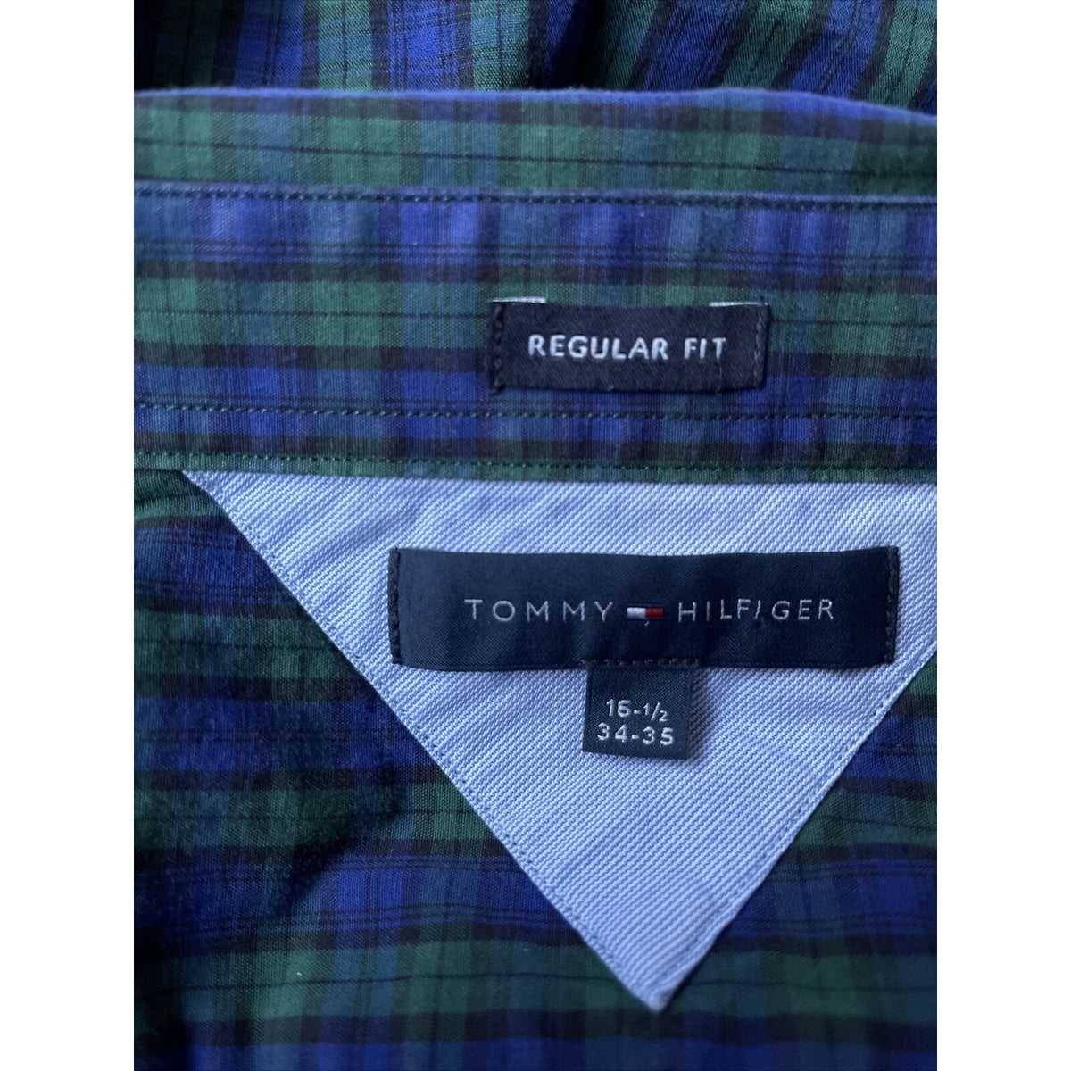 Men’s Tommy Hilfiger Button up plaid blue green regular fit 16.5 long sleeve