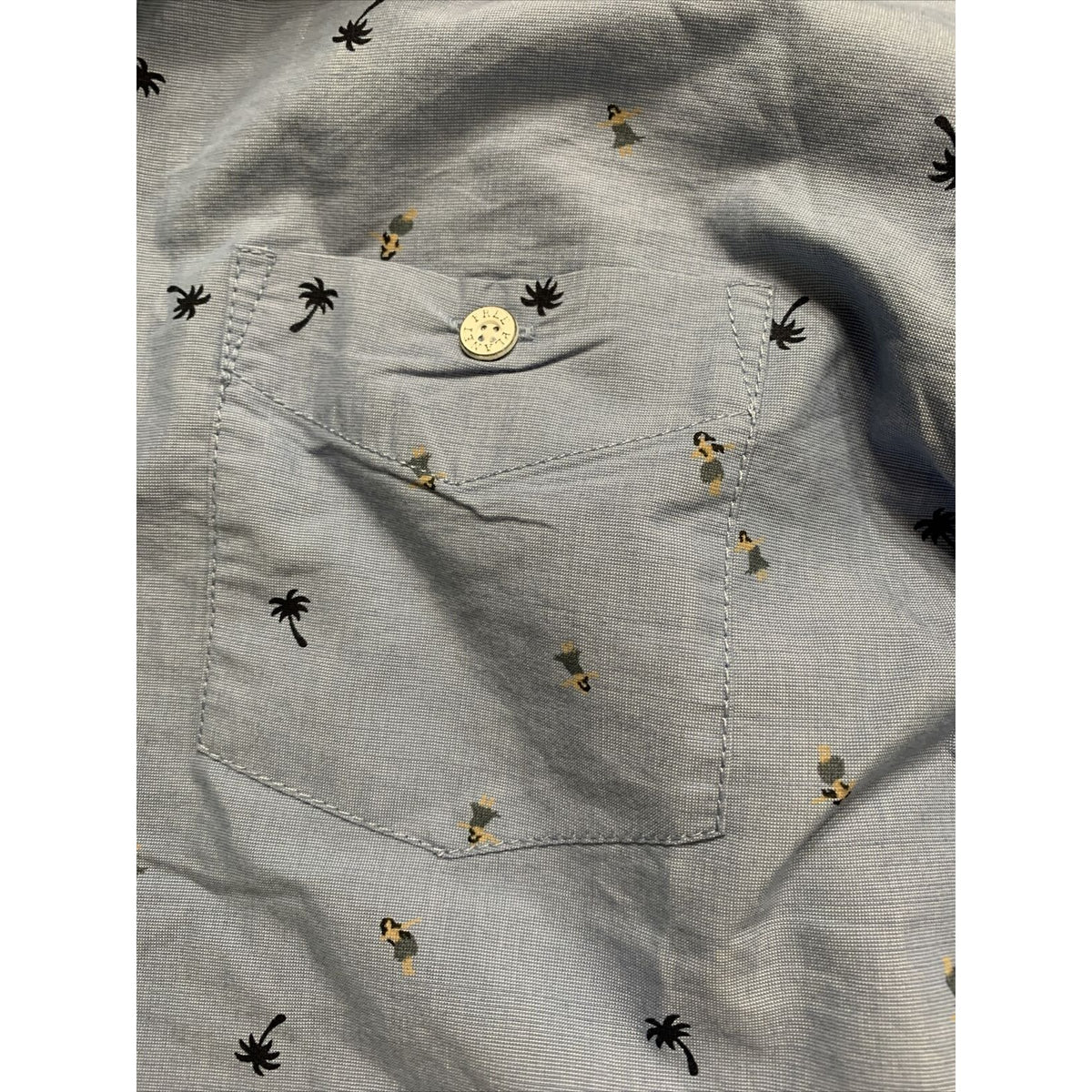 Free Planet Button Down Shirt Mens Small Palm Trees Aloha Hula Hawaiian Blue