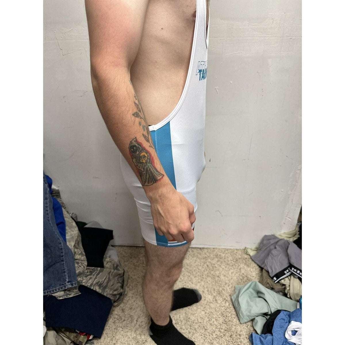 Men’s Tauwell White And Aqua Wrestling Singlet Large