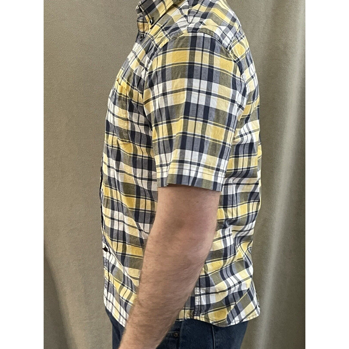 Old Navy Men’s Classic Shirt Stretch Built In Flex Yellow Blue Plaid Large