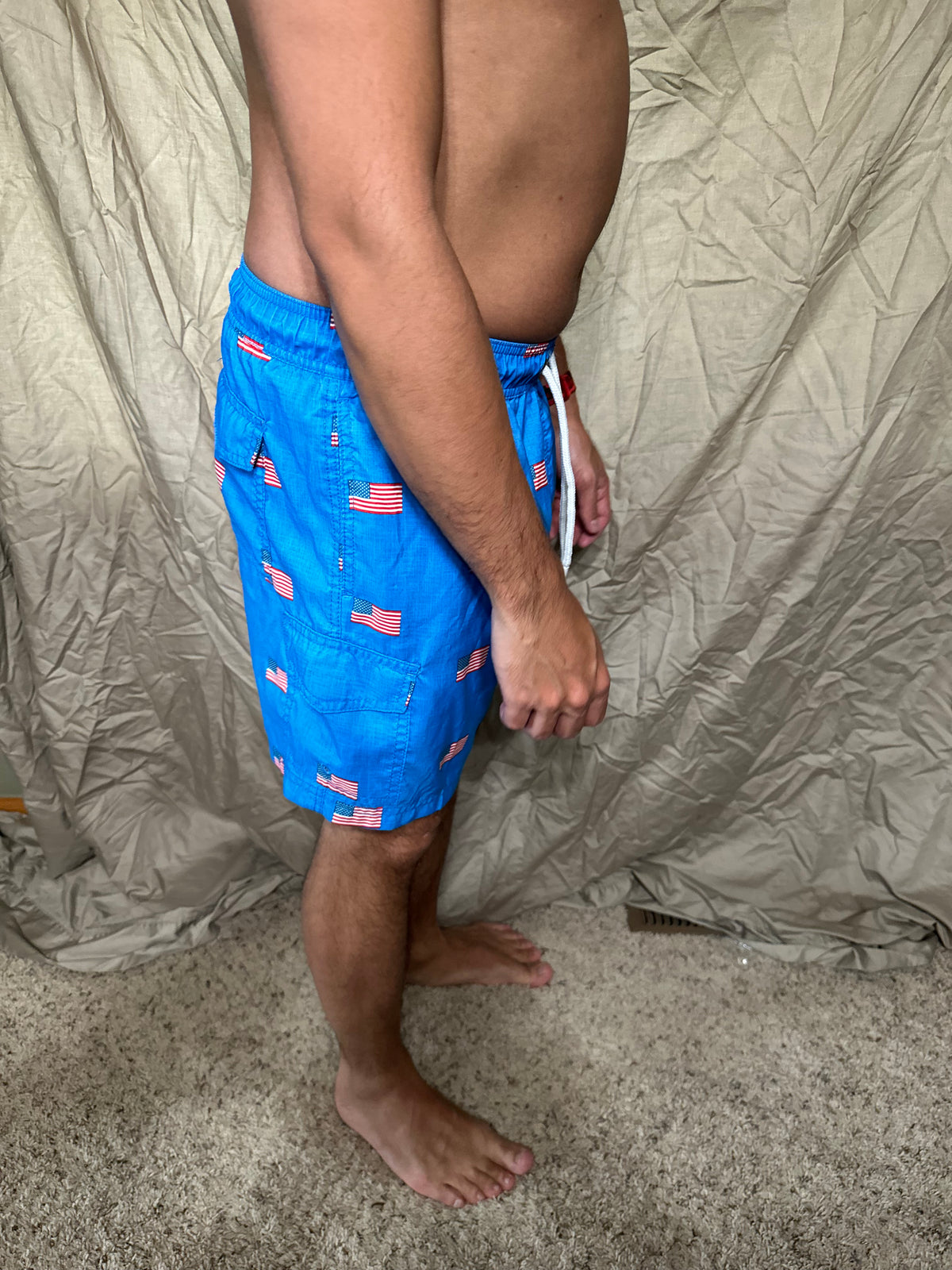 Men’s blue American flag patriotic size medium bathing suit with lining and pockets us apparel