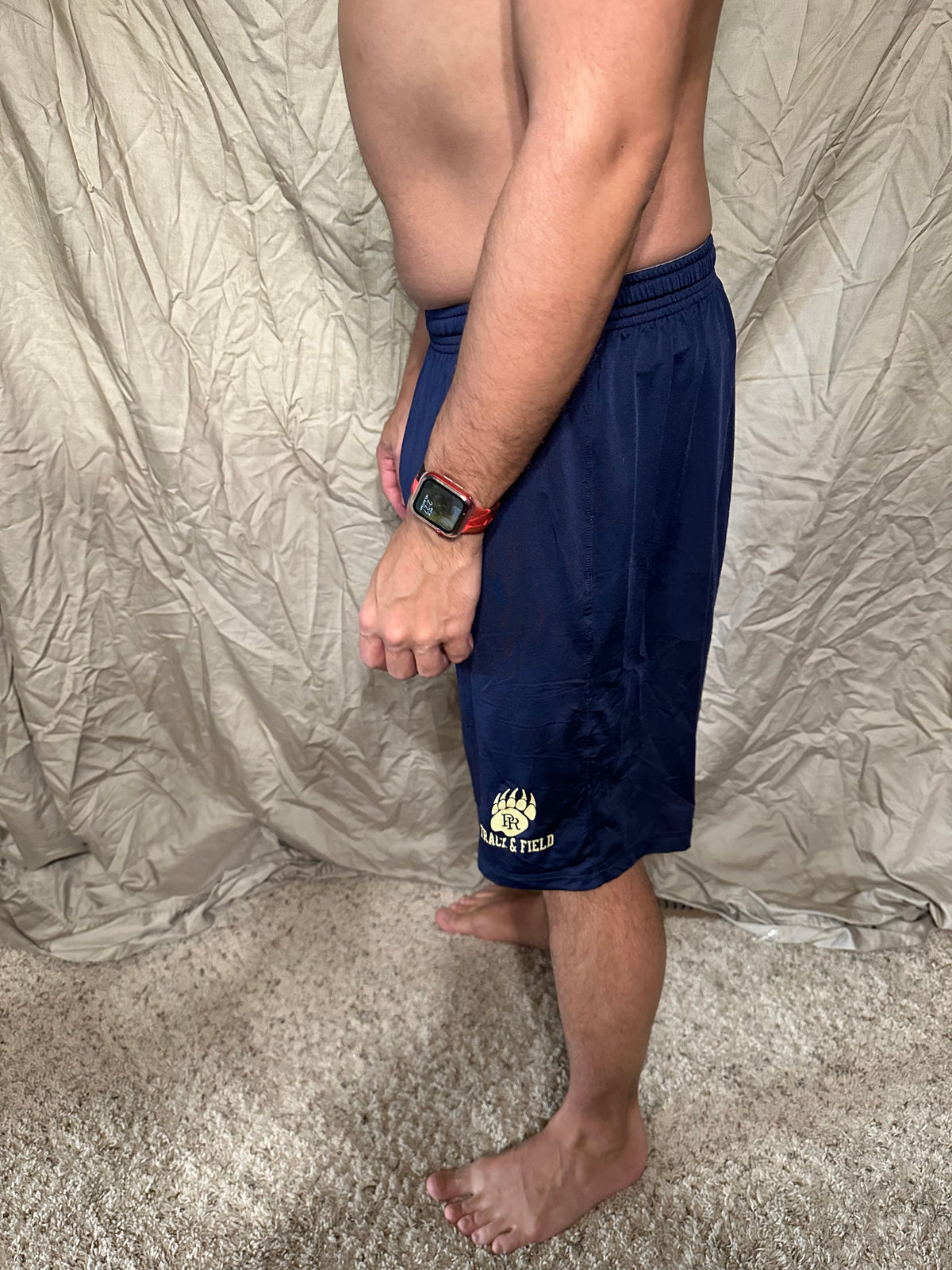 Men’s navy blue under armour heat gear loose shorts athletic no pockets rampart ridge high school track and field