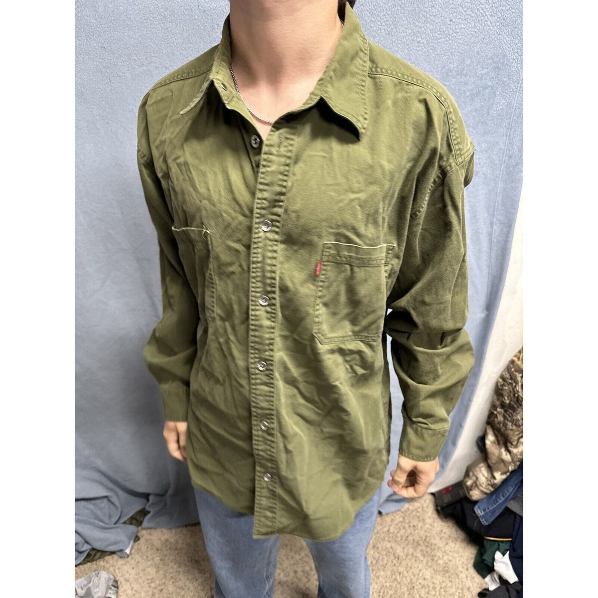 Men’s Drab Olive Green Levi’s Loose Fit Xl Cotton Button Up Long Sleeve Shirt
