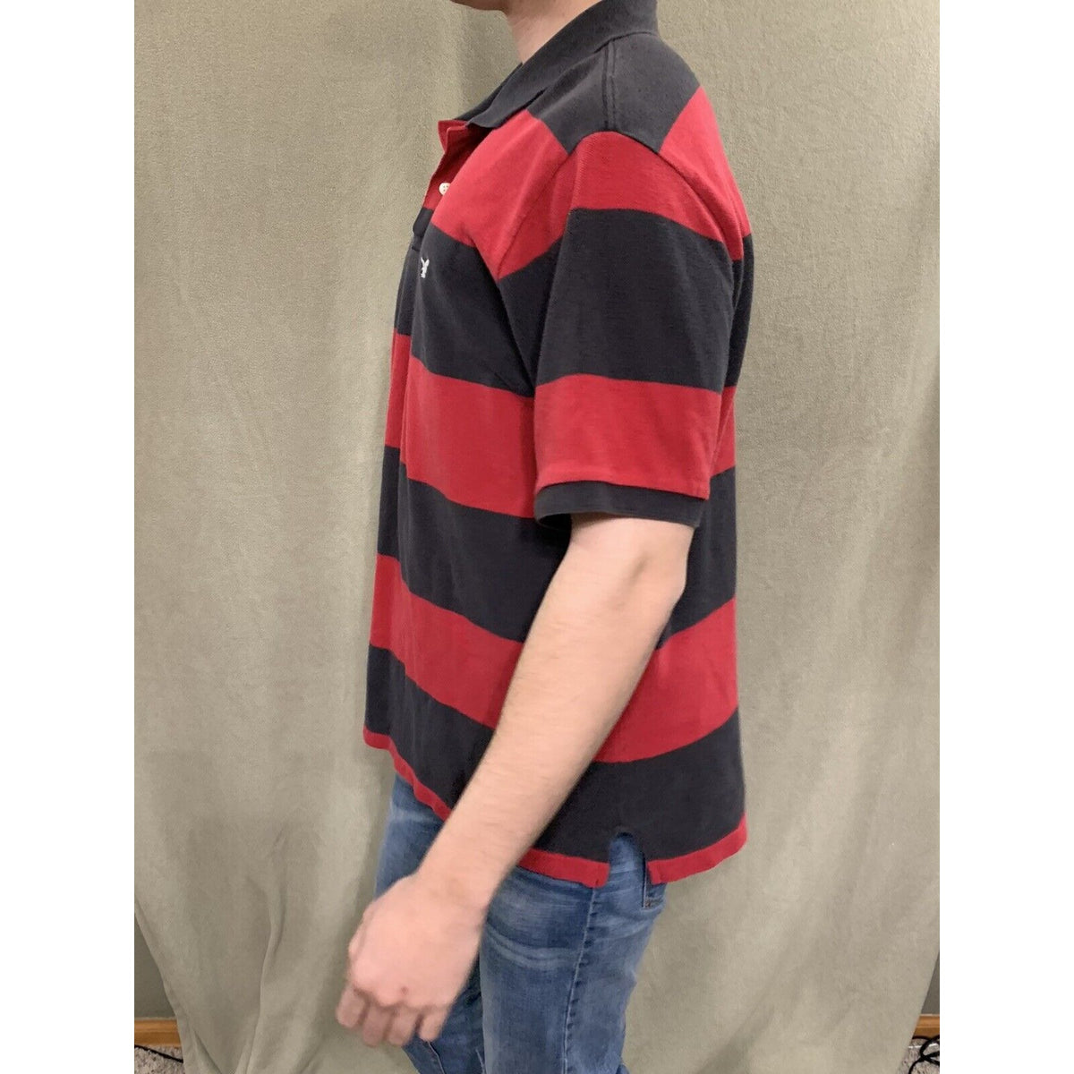 Mens American Eagle Logo Red & Black Striped  Polo Short Sleeve Shirt Large