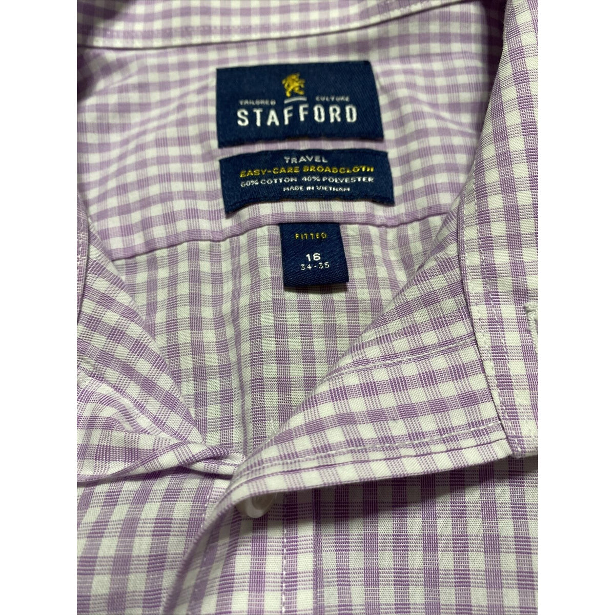 Stafford Travel Easy-care Broadcloth Mens Sz 16 Lilac Plaid Checks Long Sleeves