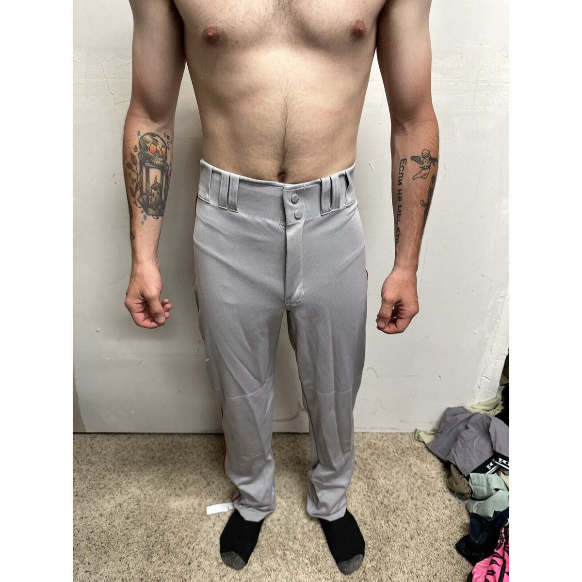 Men’s Chanmpro Adult Small Gray Baseball Pants Red Stripe