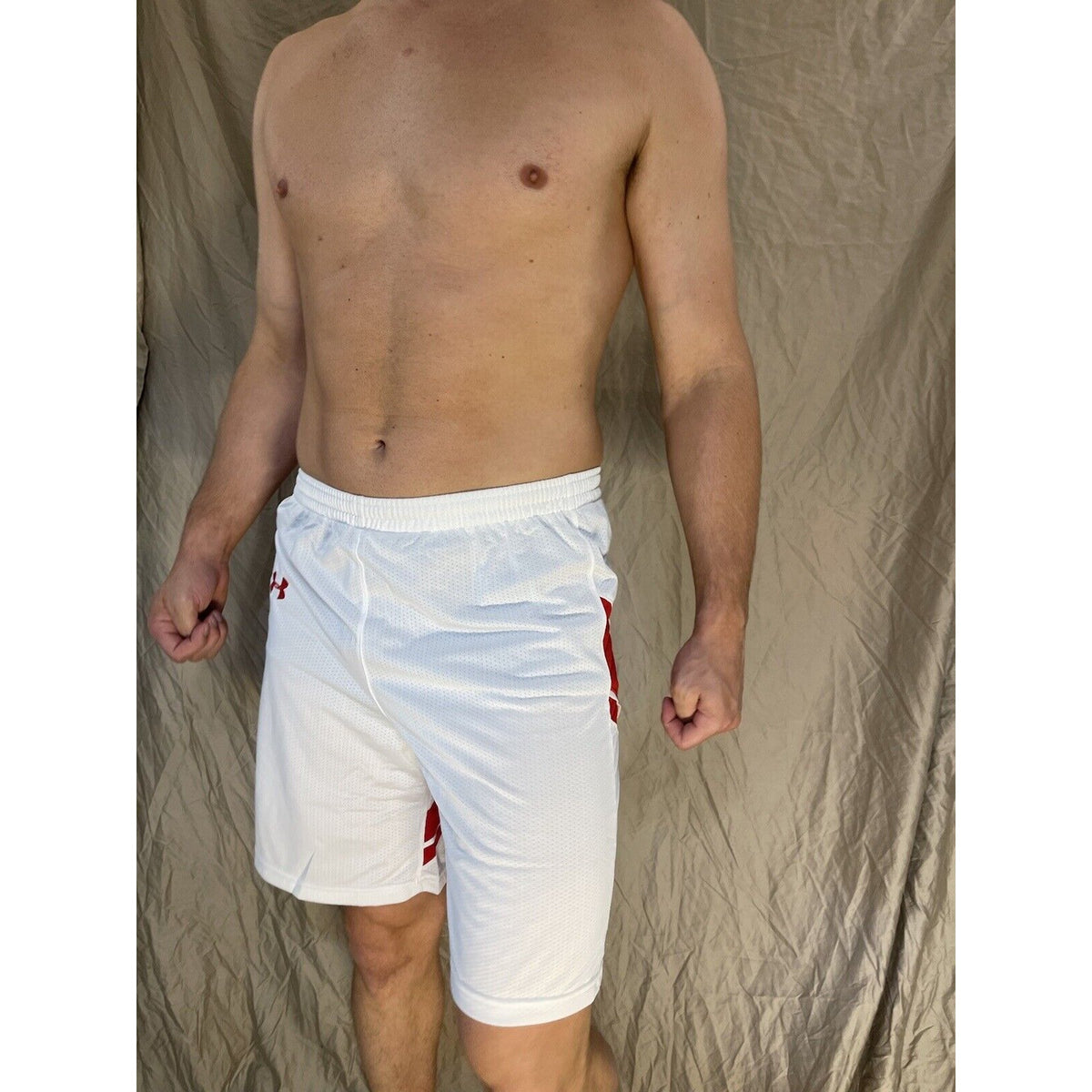men's large under armour White With Red athletic workout lacrosse shorts