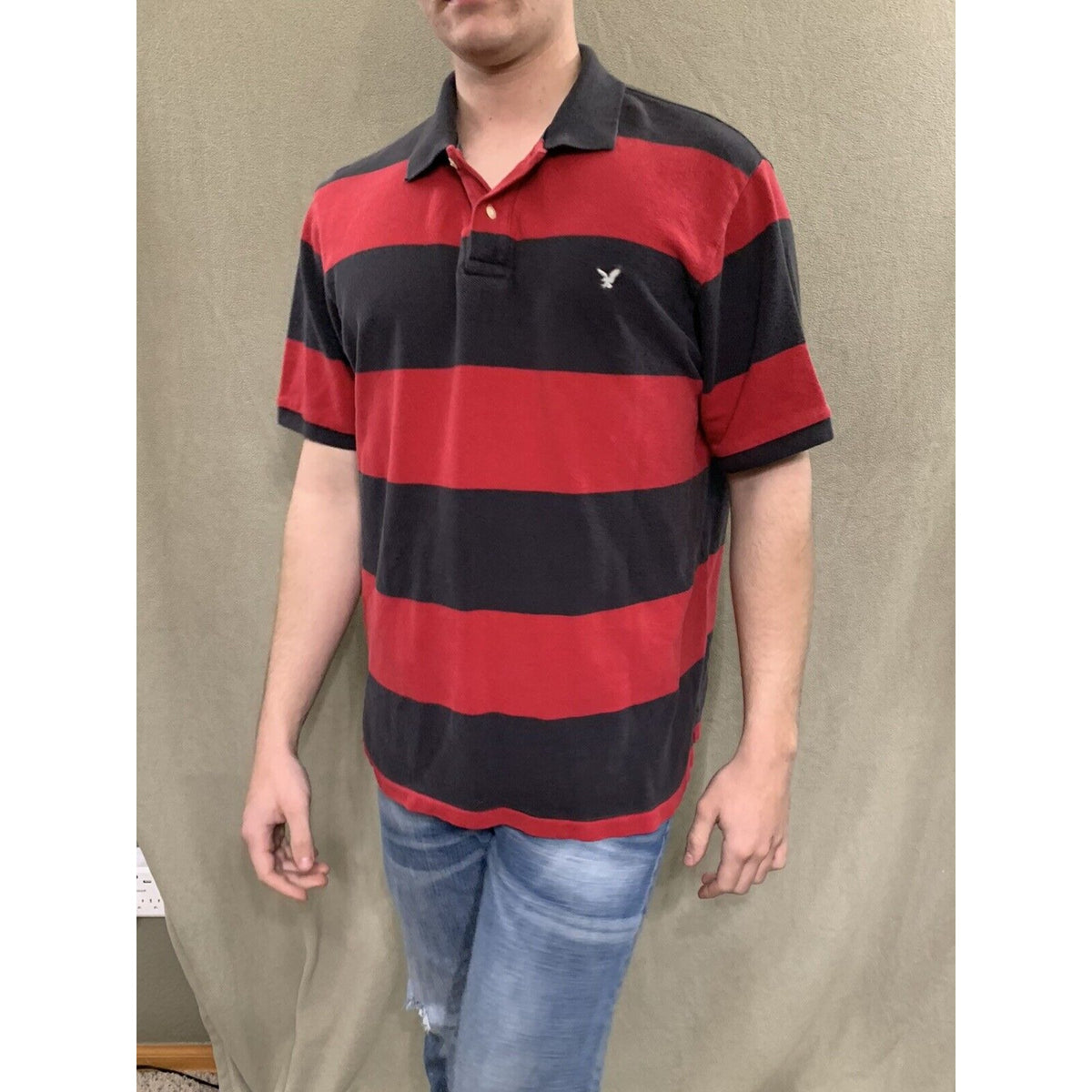 Mens American Eagle Logo Red & Black Striped  Polo Short Sleeve Shirt Large