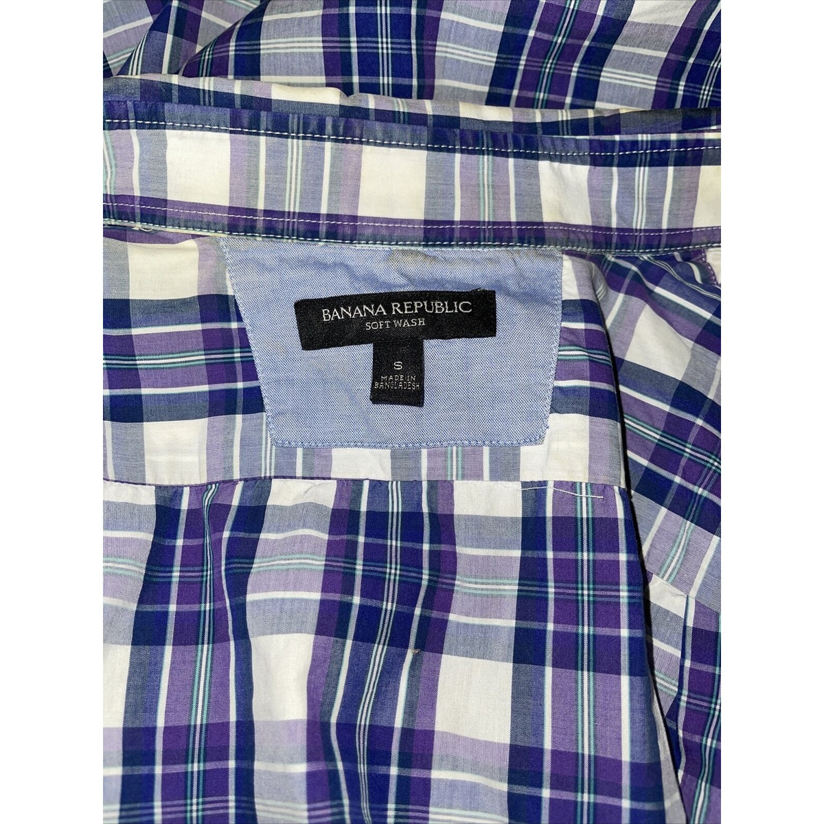 Banana Republic mens cotton Purple Plaid Short Sleeve Small Shirt Soft Wash