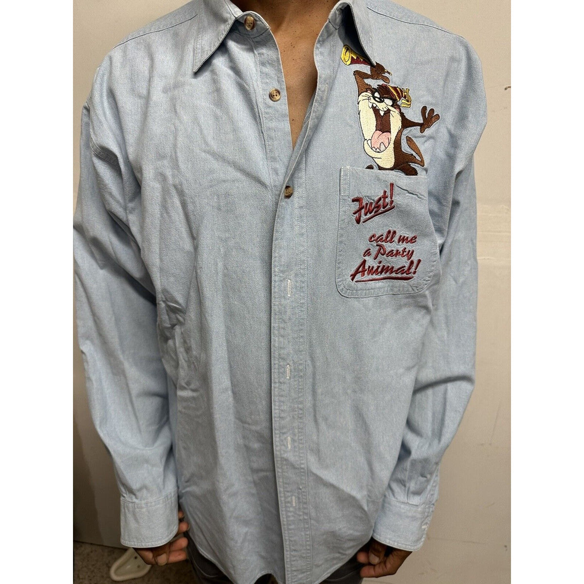 Men’s Large Warner bros Studio Store Long Sleeve Blue Tasmanian Devil Taz Party