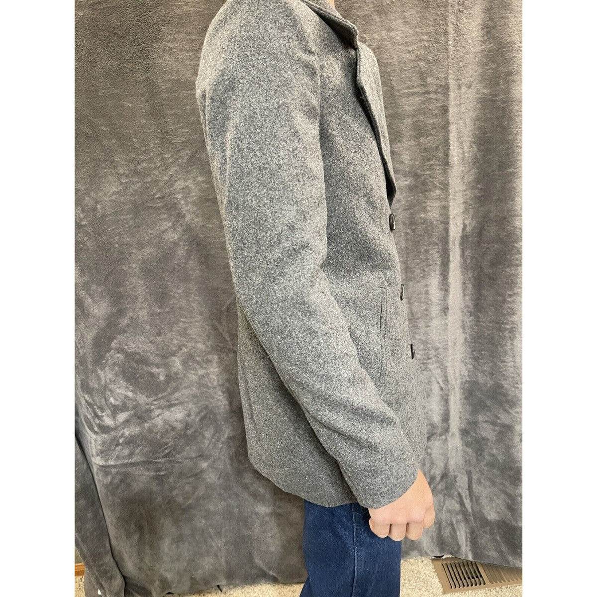 men's small gray old navy overcoat wool poly blend