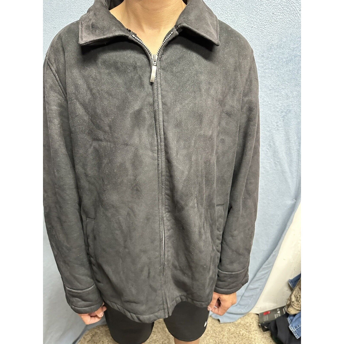 Men’s Perry Ellis Portfolio XXL Black Zip Up Faux Suede Faux Fur