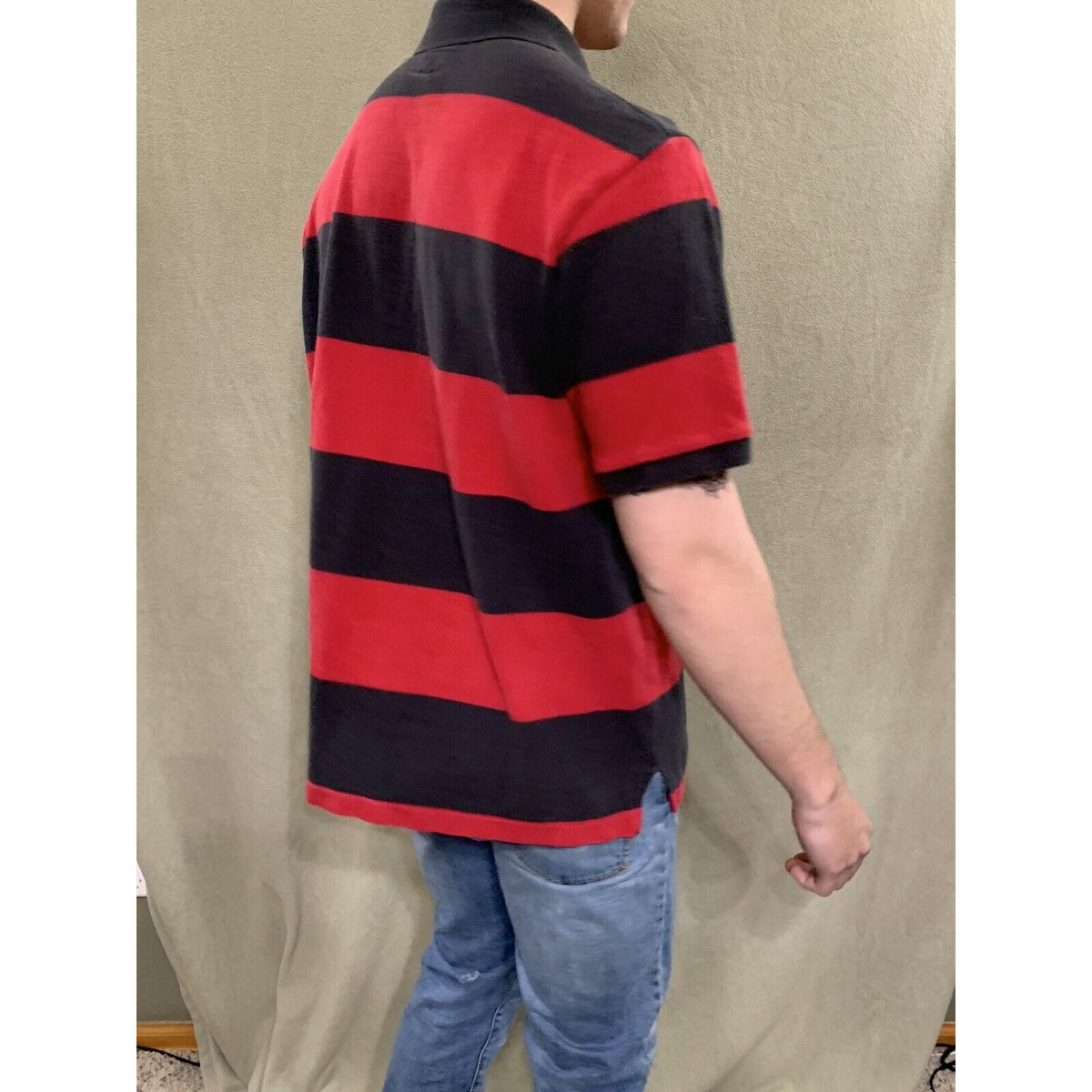 Mens American Eagle Logo Red & Black Striped  Polo Short Sleeve Shirt Large