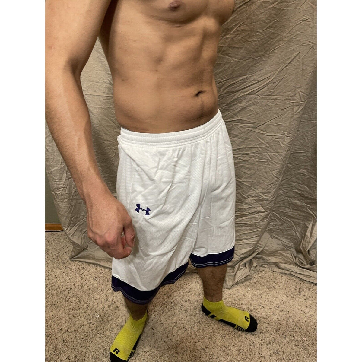 Men's under armour Small white and purple Lacrosse style shorts no pockets
