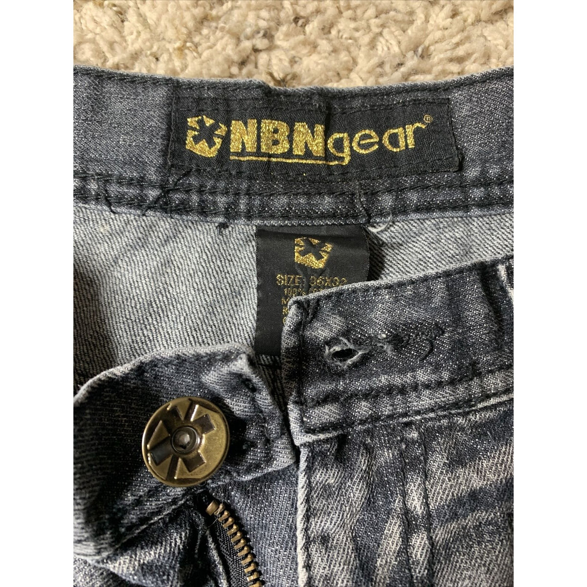 NBN Gear Baggy Loose Fit Black Jeans Men’s Size  36x32 Leather Patches Gold