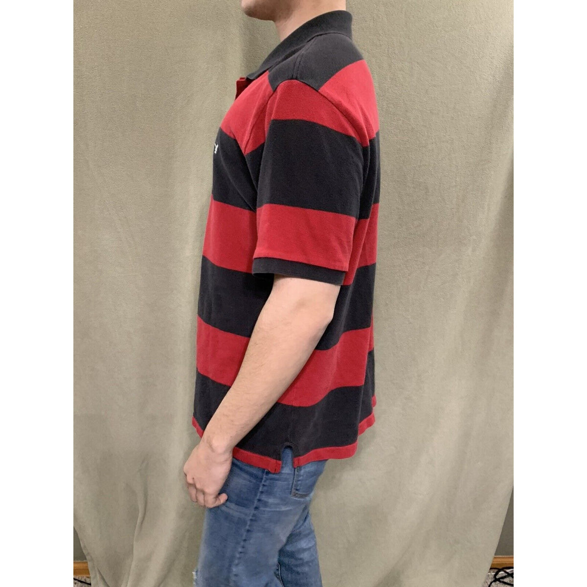 Mens American Eagle Logo Red & Black Striped  Polo Short Sleeve Shirt Large
