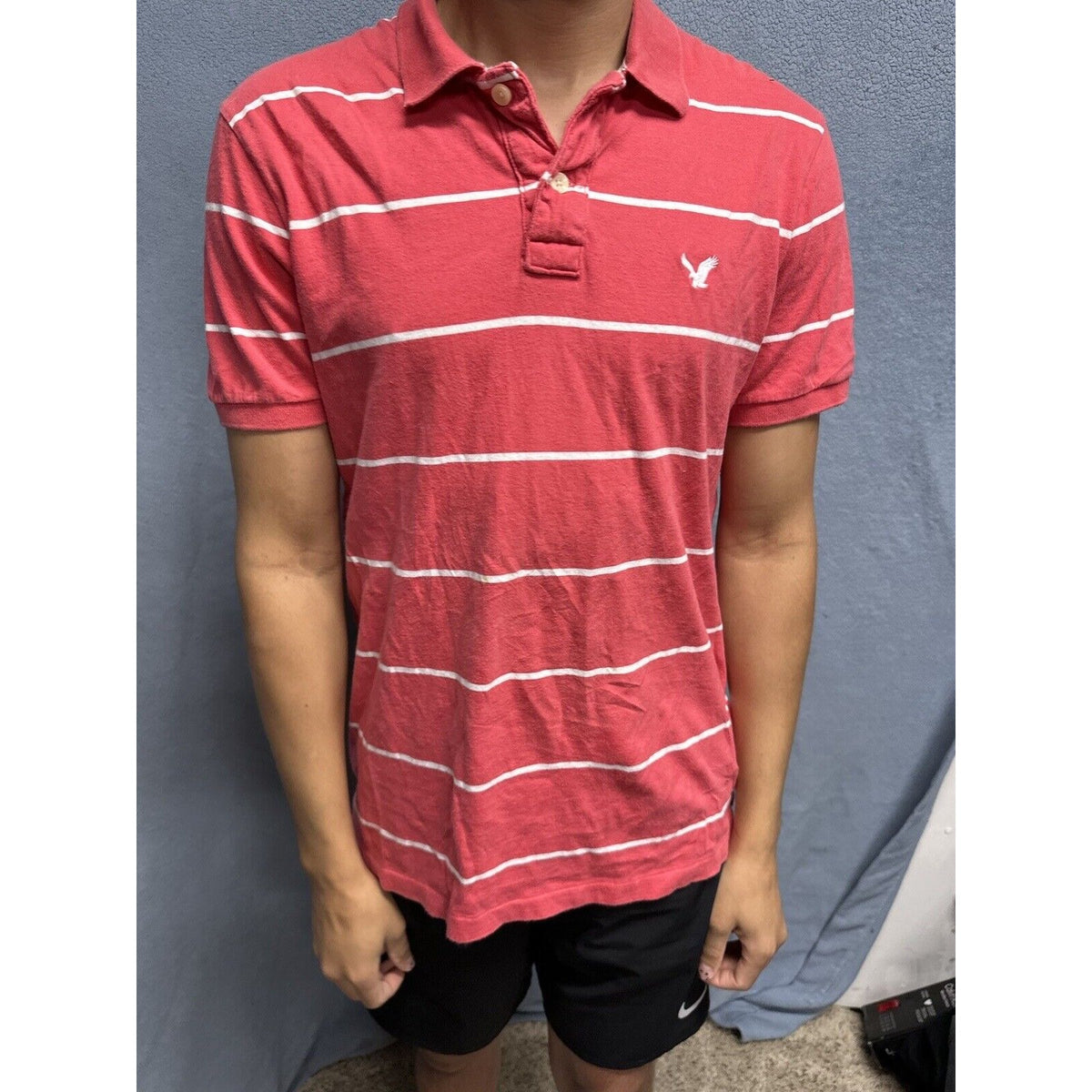 Salmon Pink Men’s Striped American Eagle Vintage Fit Large Polo Shirt