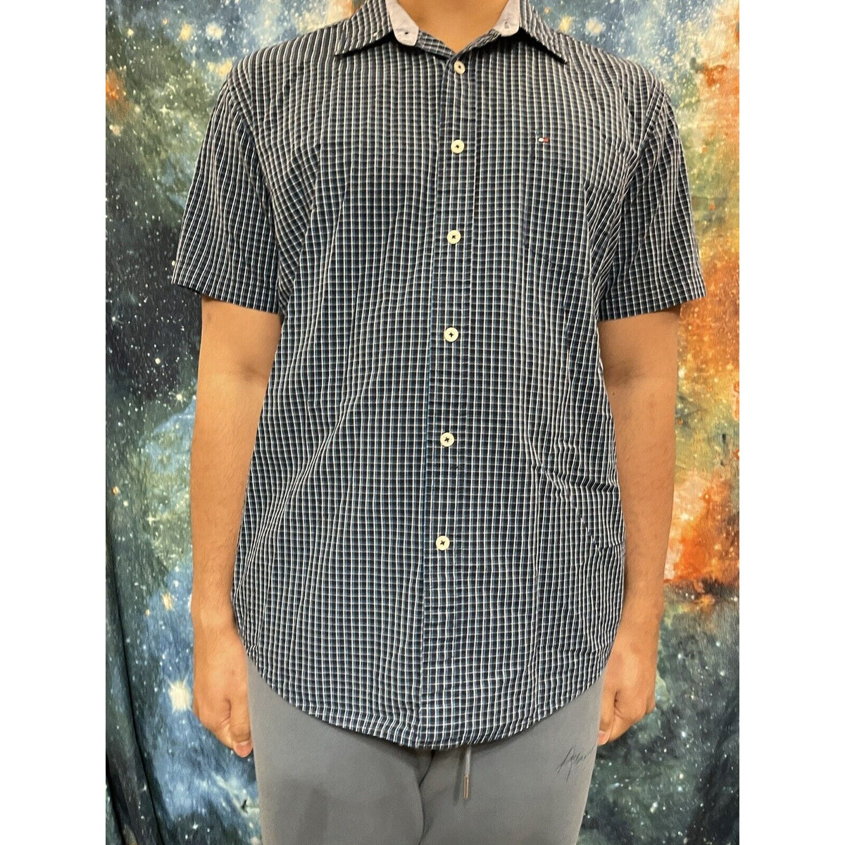 Tommy Hilfiger Men’s Large classic fit button up short sleeve shirt Blue Green