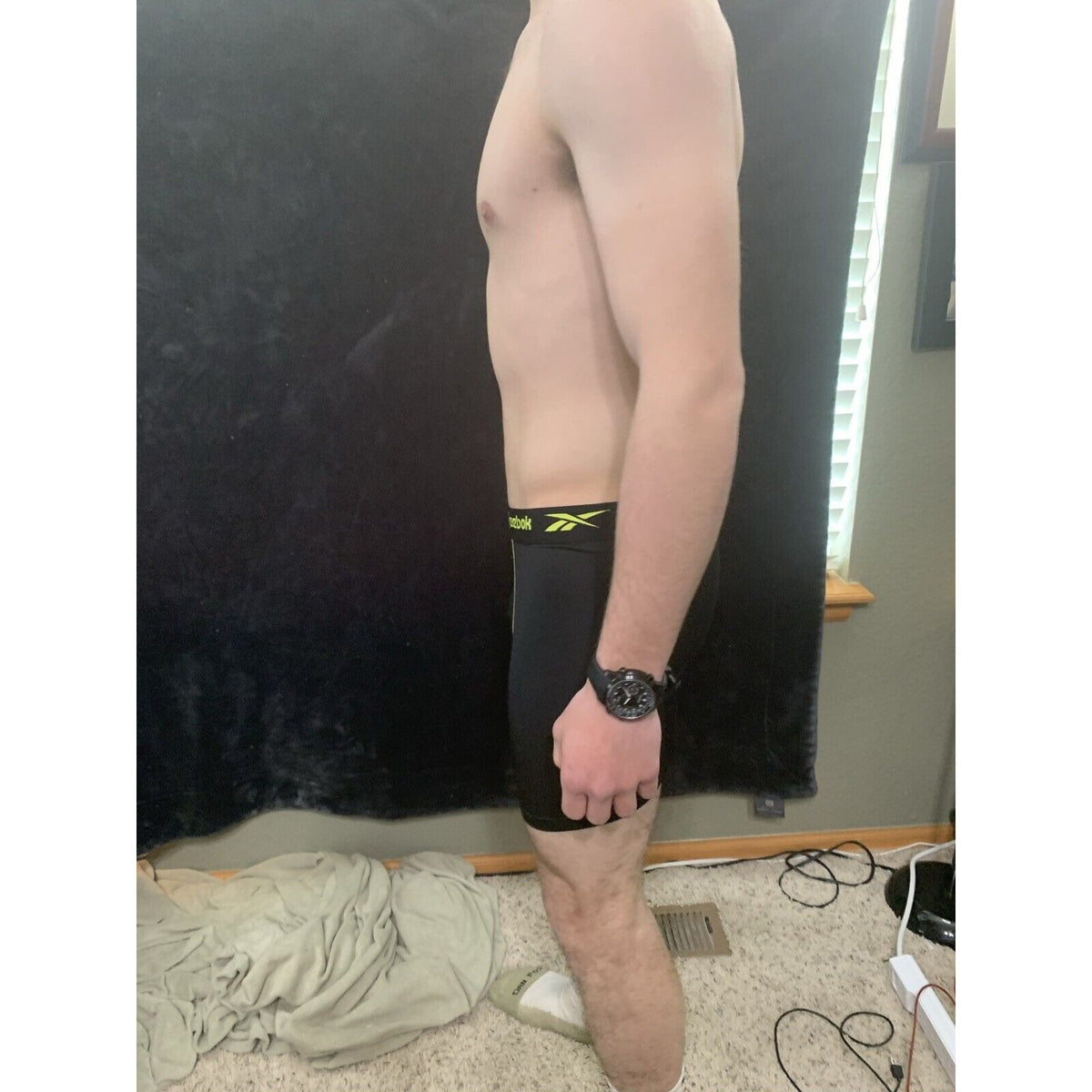 Men’s Reebox Black Compression Shorts Medium 10% Spandex With Yellow Band