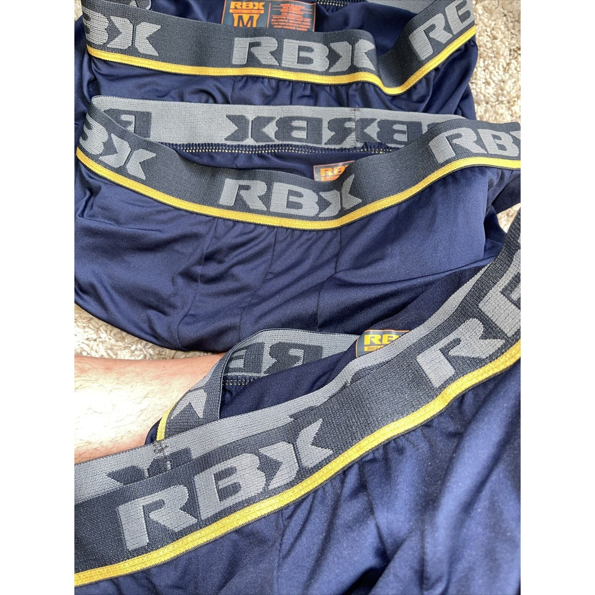 men's blue rbx compression boxer briefs yellow line on band Large