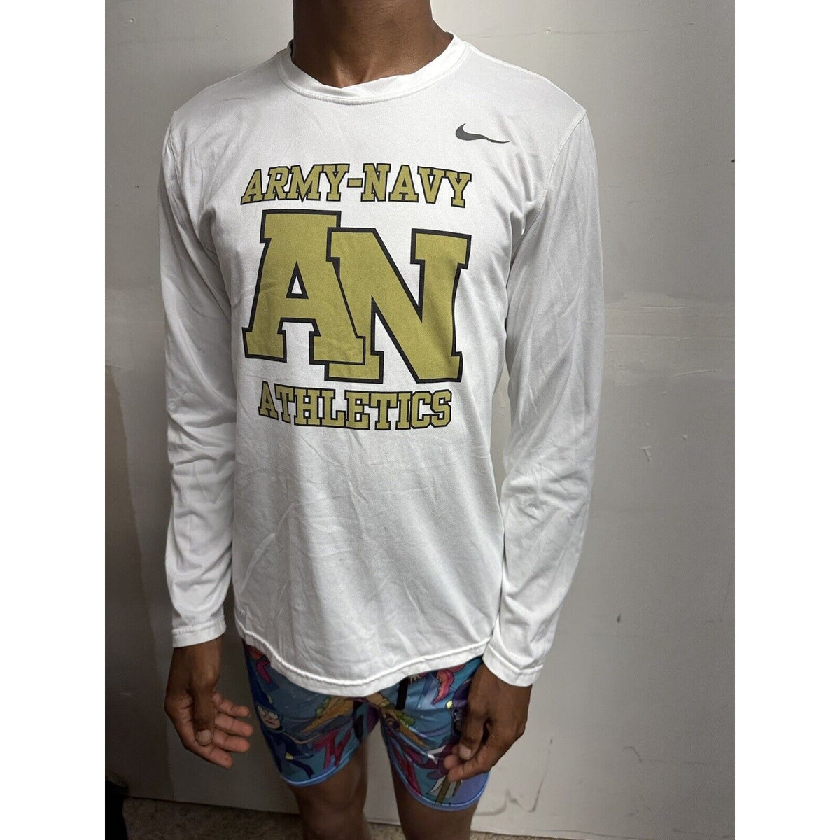 Men’s Long Sleeve Nike Tee Medium White Army-navy Athletics Dri Fit Shirt