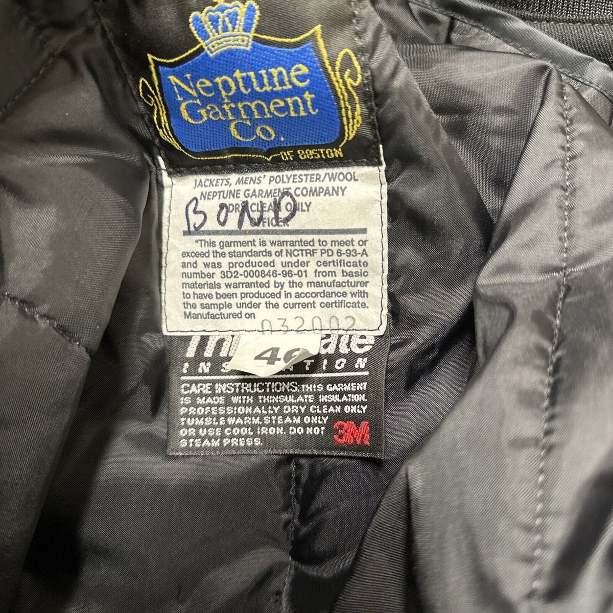 Men’s black Neptune garment company size 46 insulate lining military jacket