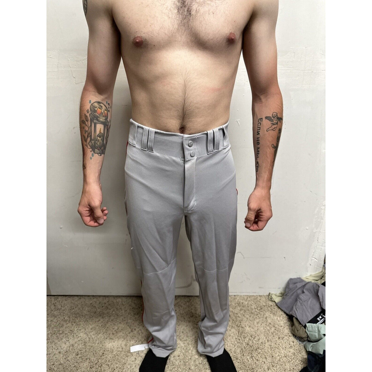 Men’s Chanmpro Adult Medium Gray Baseball Pants Red Stripe