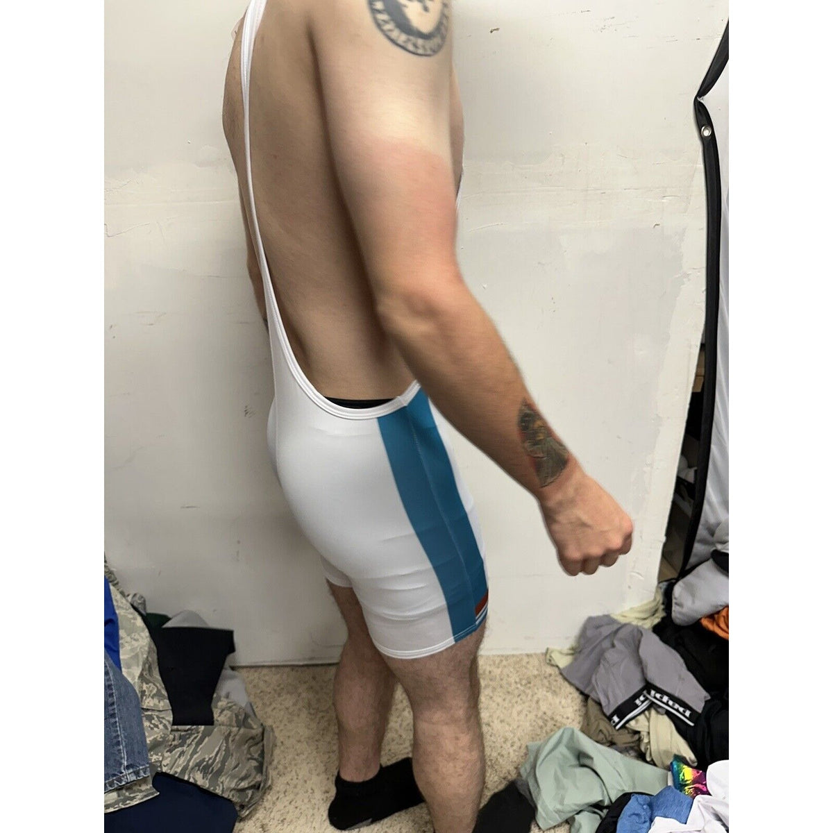 Men’s Tauwell White And Aqua Wrestling Singlet Large