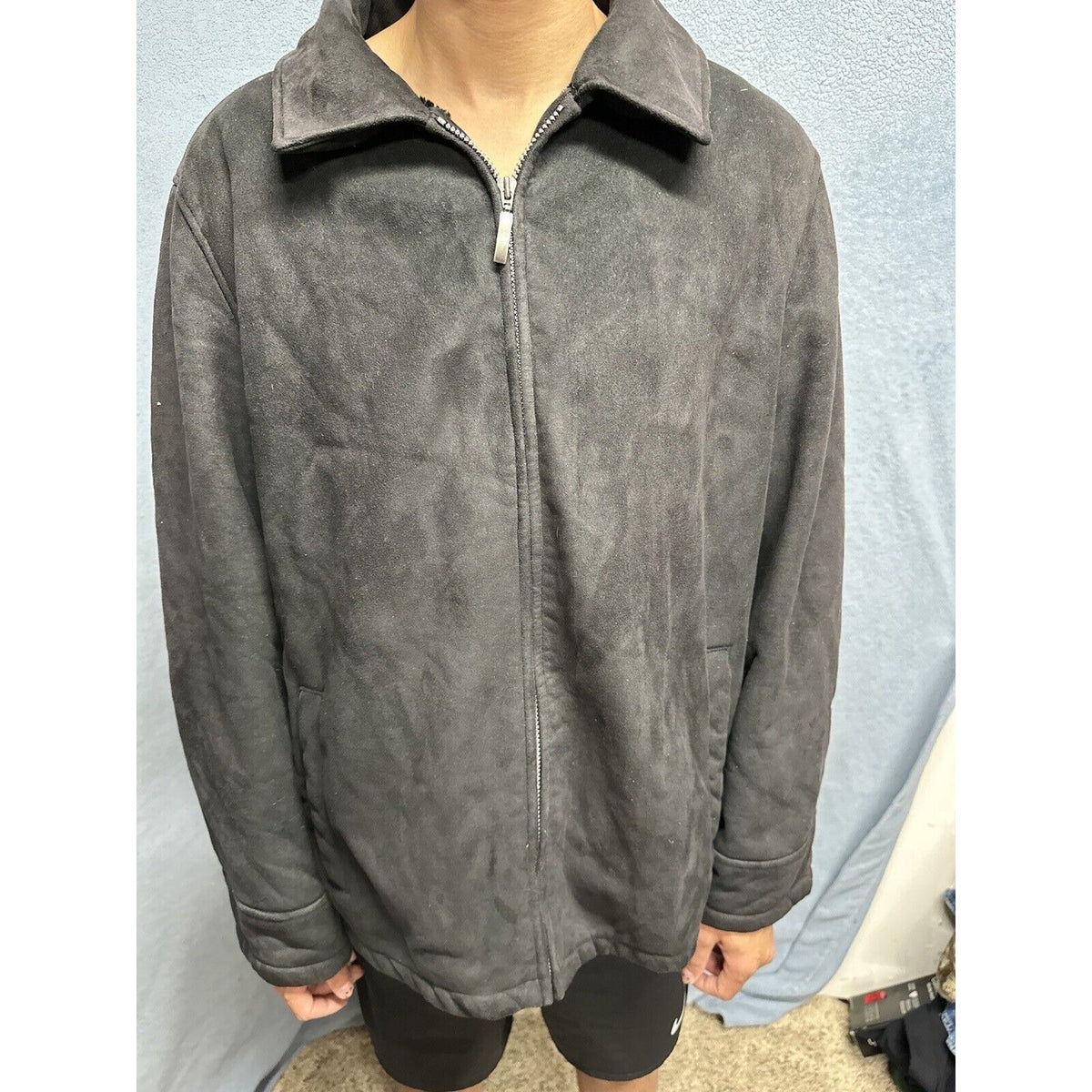 Men’s Perry Ellis Portfolio XXL Black Zip Up Faux Suede Faux Fur