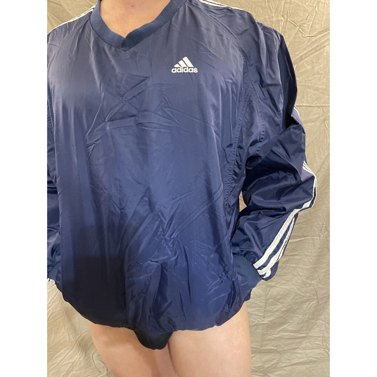 Blue Adidas Mens Team Windbreaker Sz. Large Striped Pullover