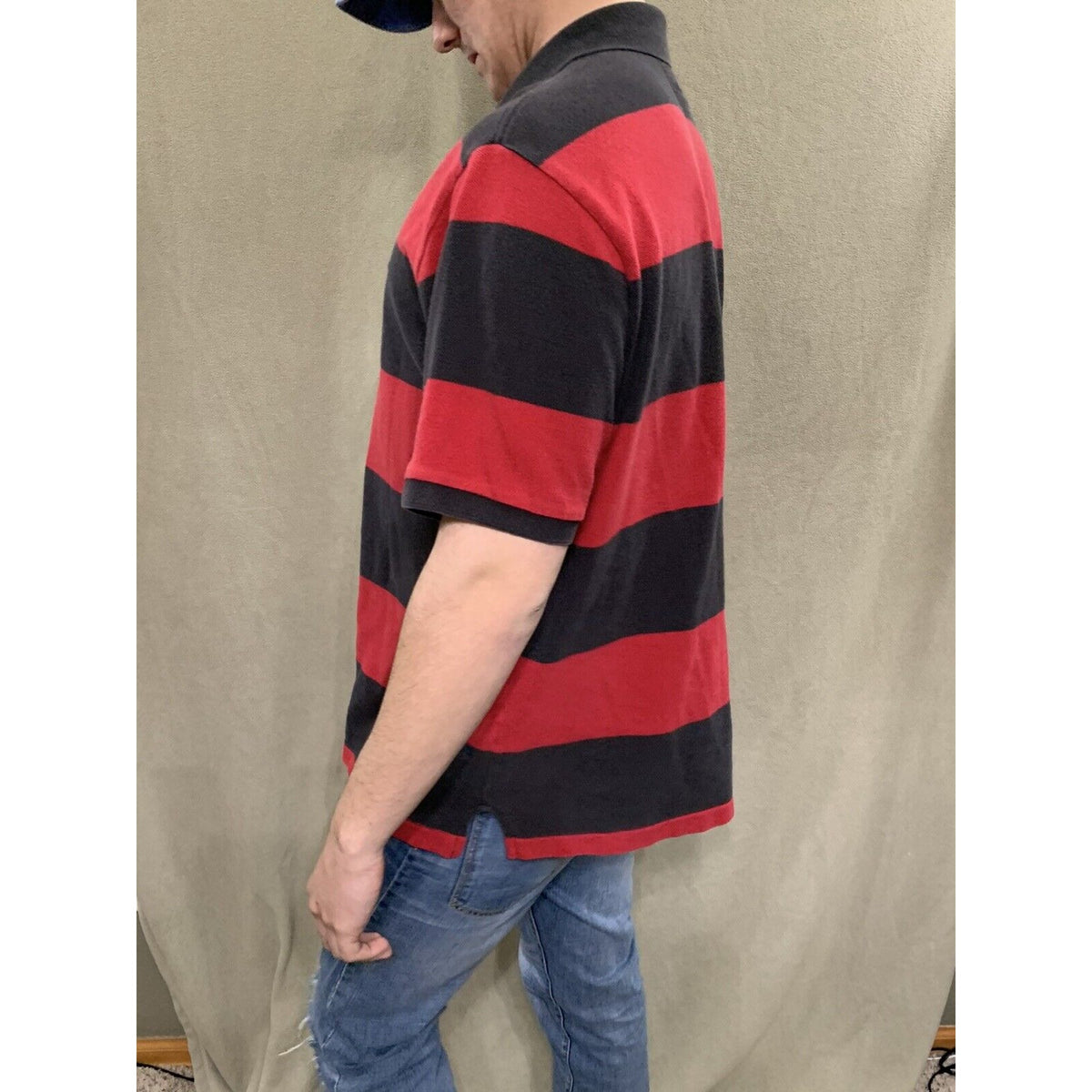 Mens American Eagle Logo Red & Black Striped  Polo Short Sleeve Shirt Large