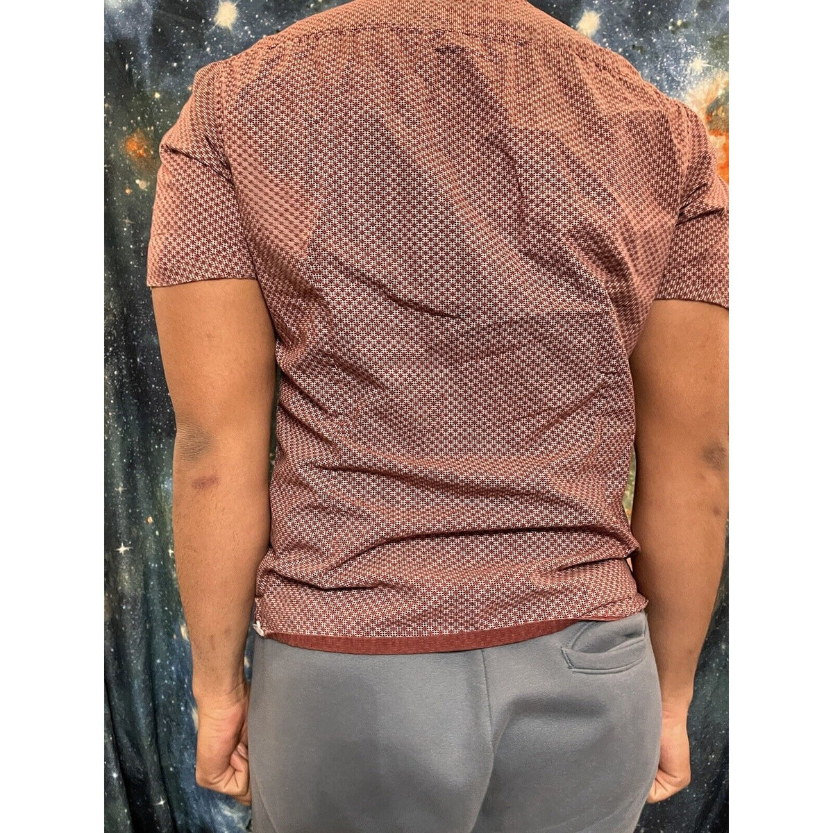 Men’s Lon NYC maroon button up short sleeve first class goods shirt Small Fit